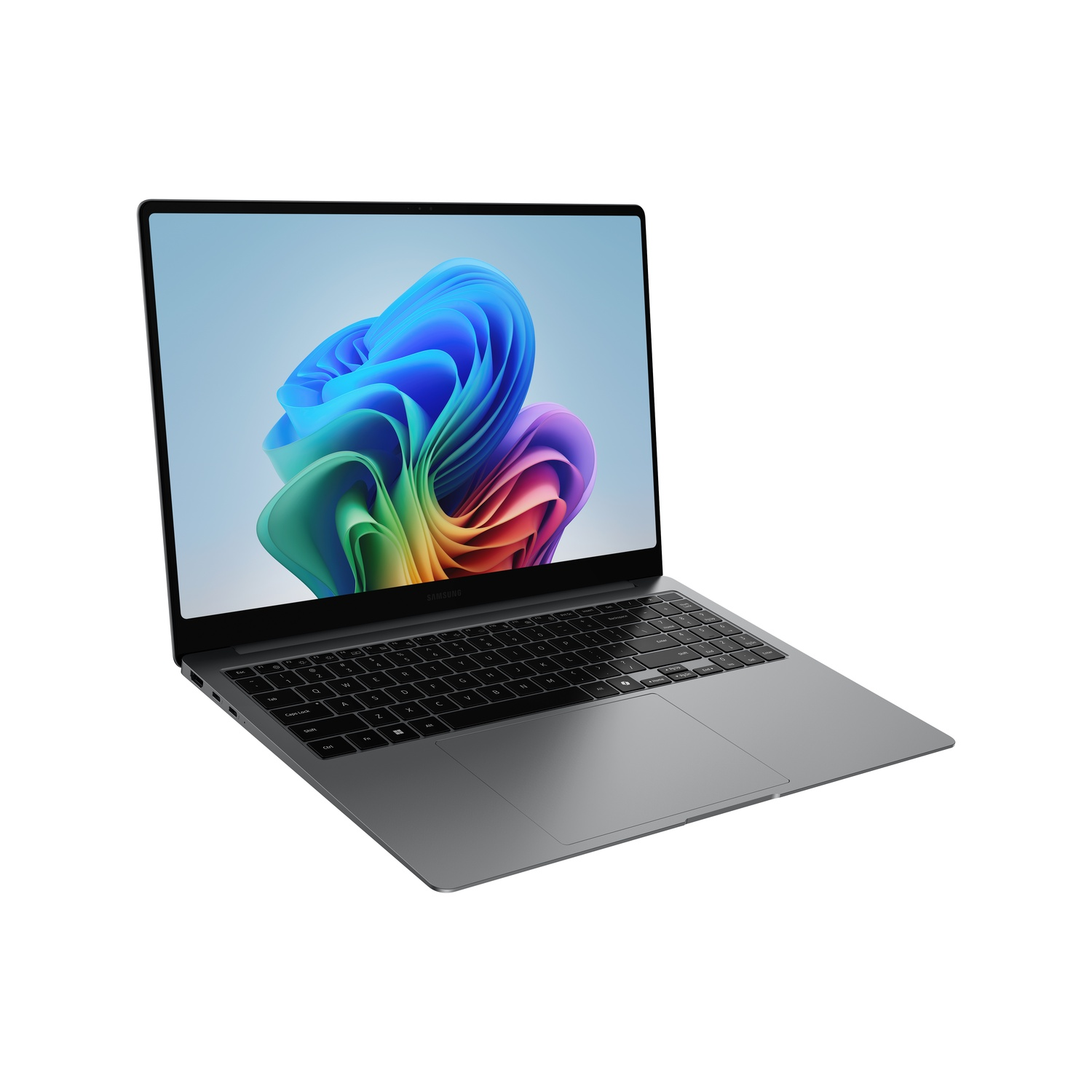 Een grijze laptop toont een kleurrijke abstracte afbeelding. Het toetsenbord is zwart en het scherm is omgeven door een dunne zwarte rand.