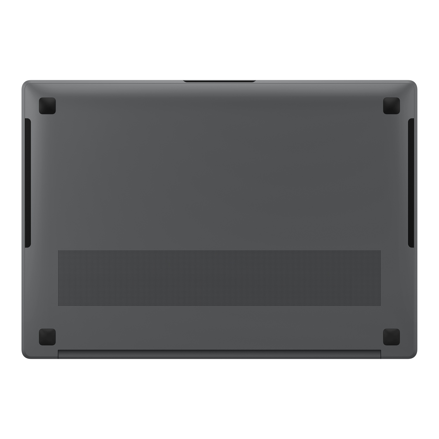 Onderkant van een grijze laptop. Zichtbaar zijn de ventilatieopeningen, vier rubberen voetjes en het oppervlak van de laptop.