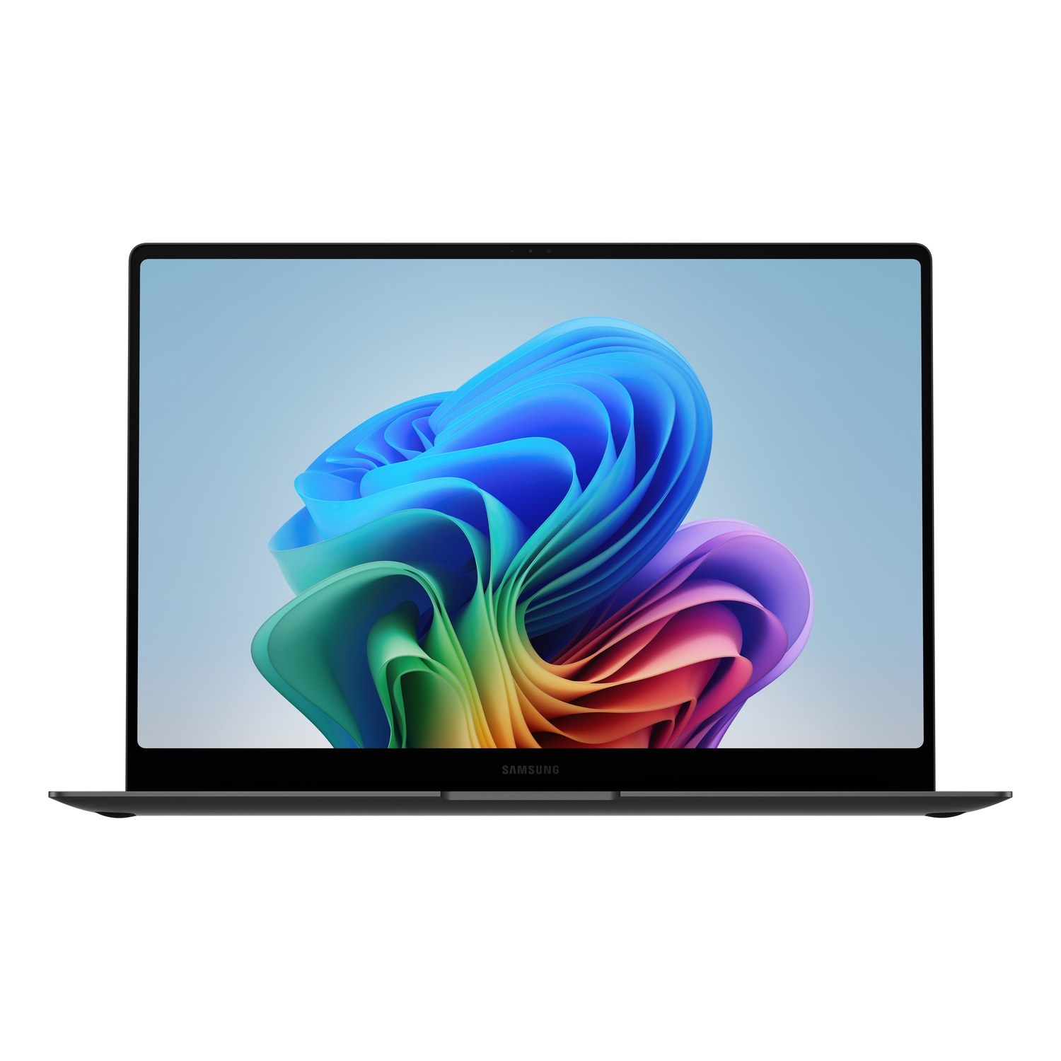A Samsung laptop displaying a colorful abstract image on screen. The laptop is black with a thin bezel, set against a white background.