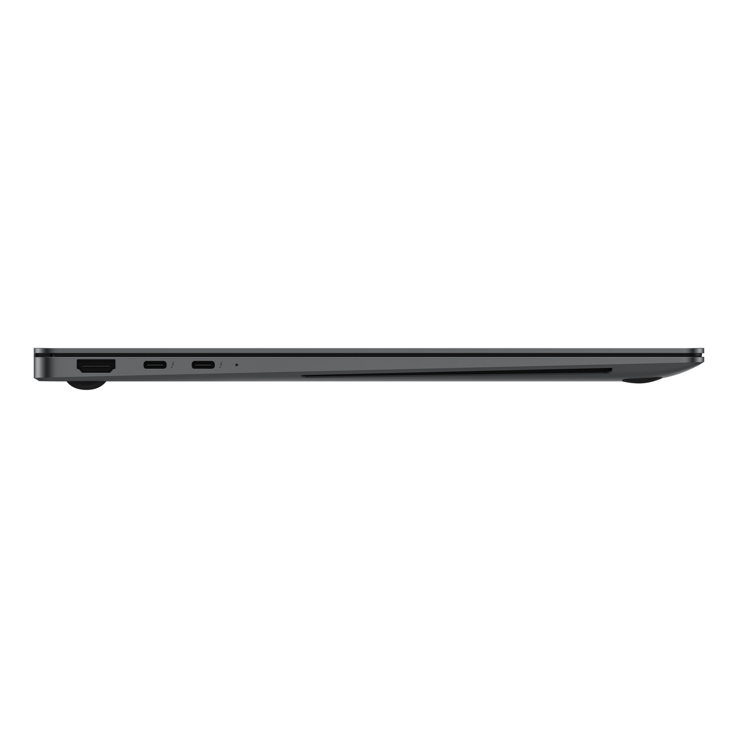 Side view of a dark gray laptop, showing ports and a slim profile against a white background.