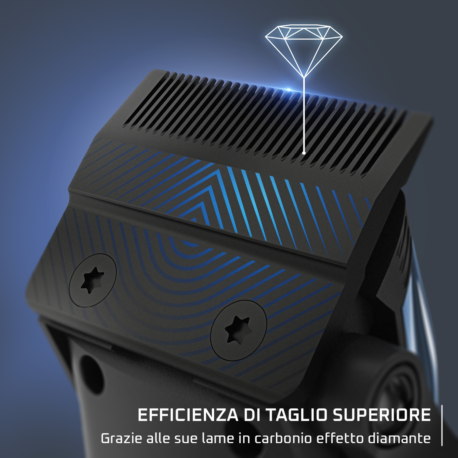 Primo piano di una testina per tagliacapelli nera con dettagli blu e due viti. Un grafico a diamante fluttua sopra. Testo sotto.