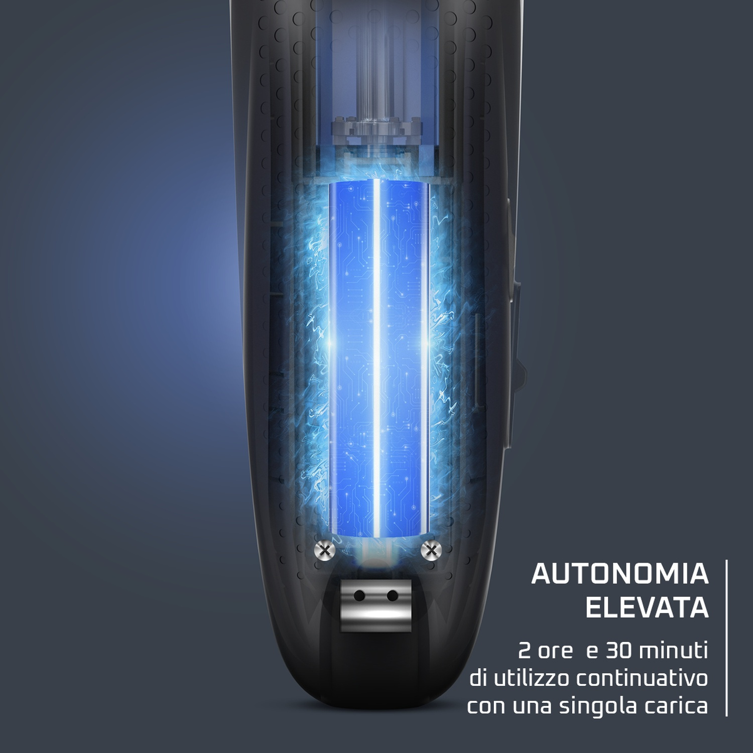 Una vista in sezione di un rasoio elettrico nero che mostra la batteria interna con circuiti blu luminosi e testo italiano.