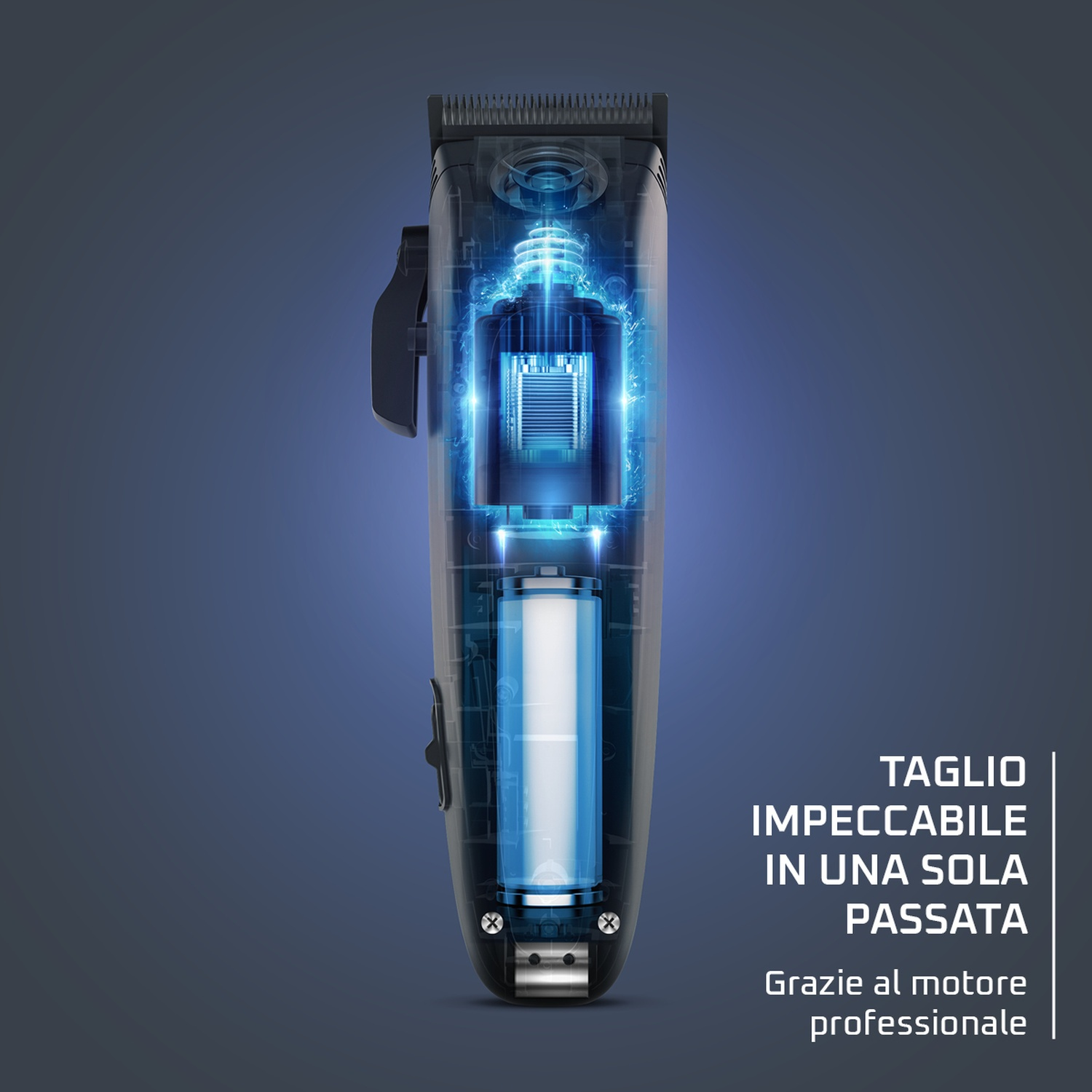 Rasoio elettrico trasparente con componenti interni visibili. Evidenziature blu indicano l'alimentazione. Testo: 'Taglio impeccabile in un'unica passata'.