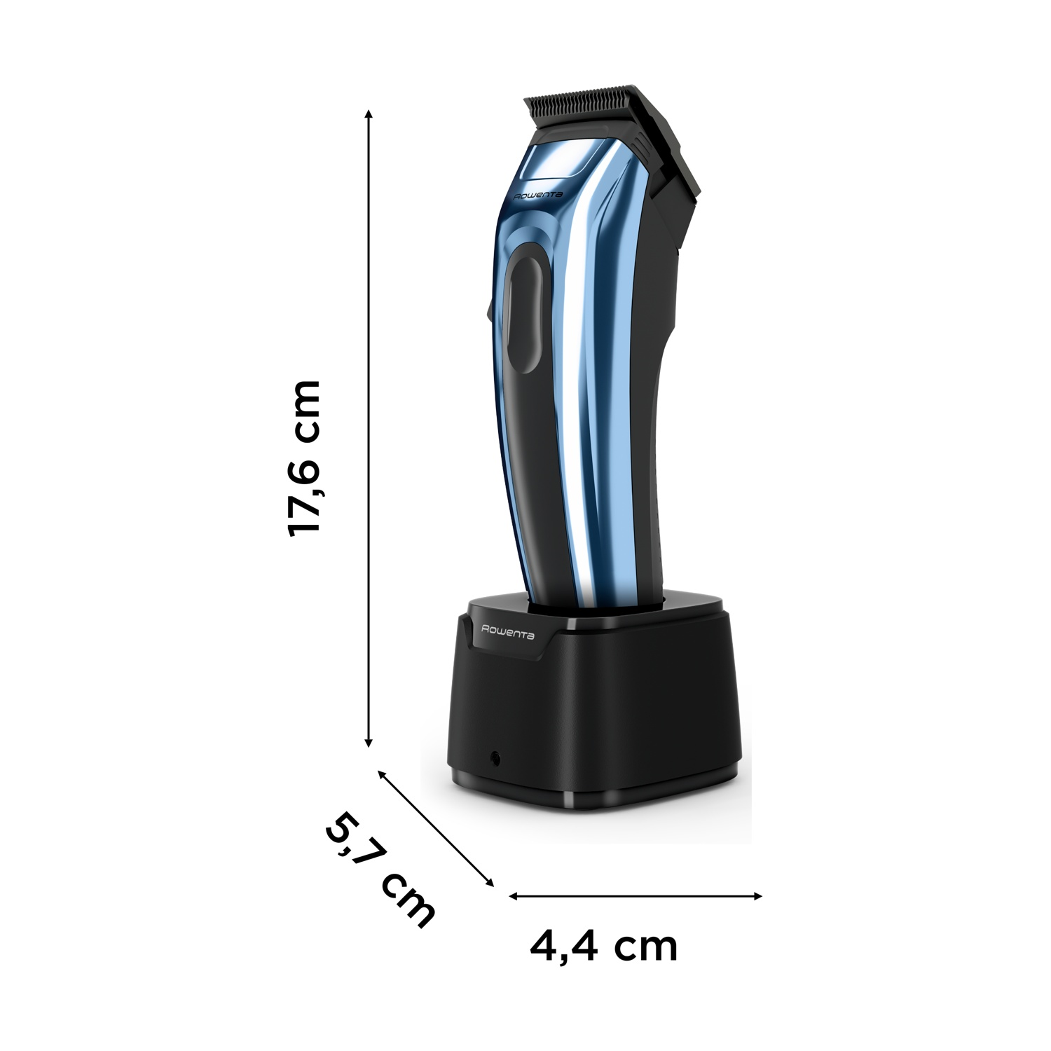 Un tagliacapelli blu e nero su una base nera, con misure in centimetri. Il tagliacapelli è etichettato 'Rowenta'.