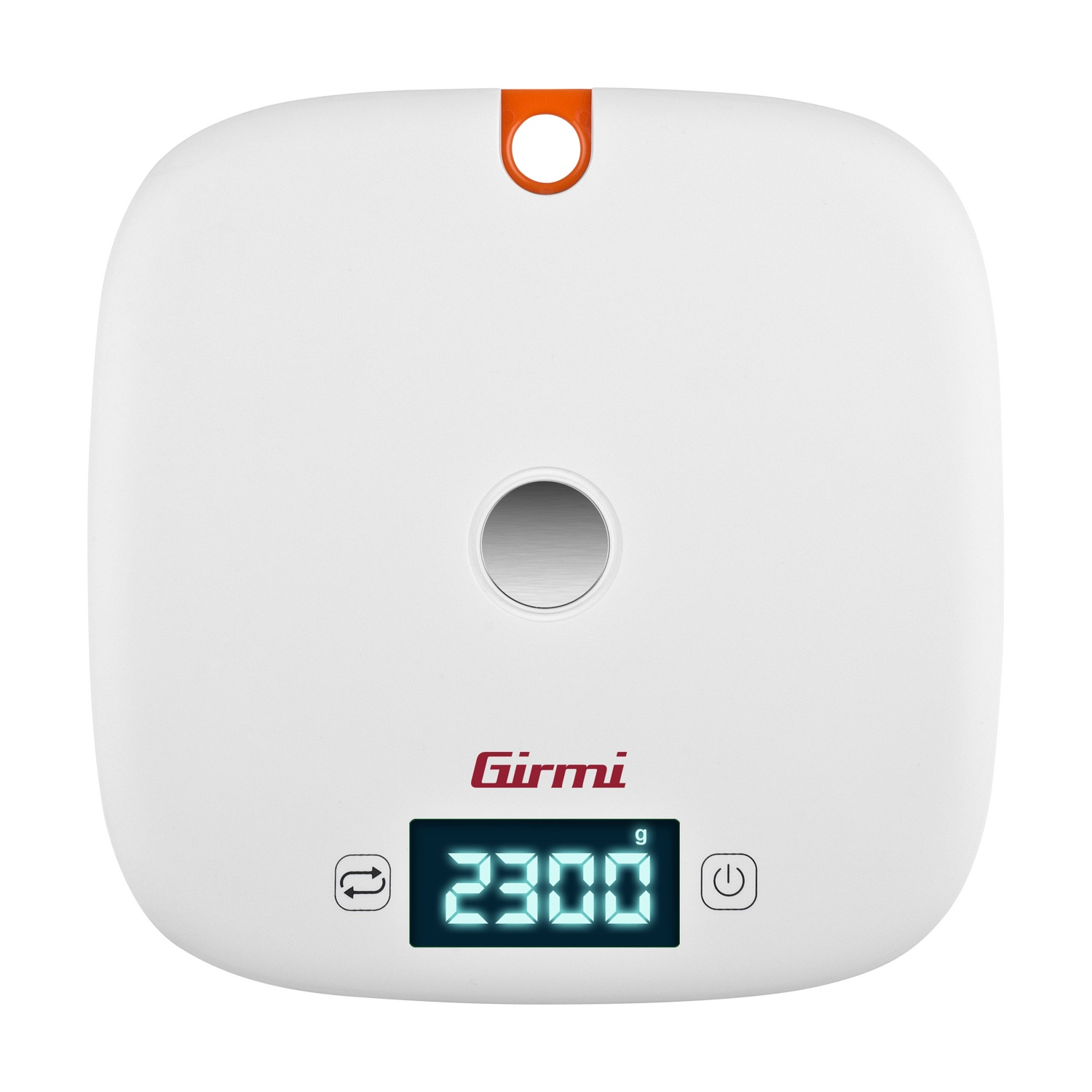 Una bilancia da cucina bianca con manico arancione. Visualizza 2300g su uno schermo digitale. Il marchio è "Girmi".