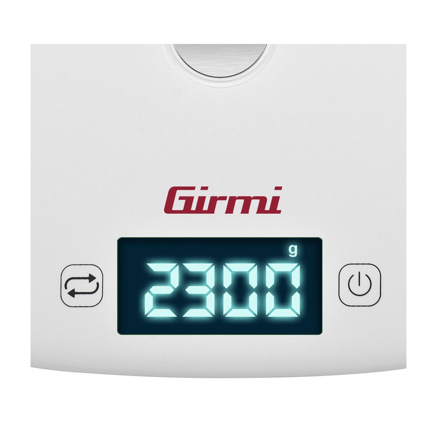 Bilancia da cucina bianca mostra 2300g su display digitale. Marchio 'Girmi' stampato. Pulsanti accensione/spegnimento e reset visibili.