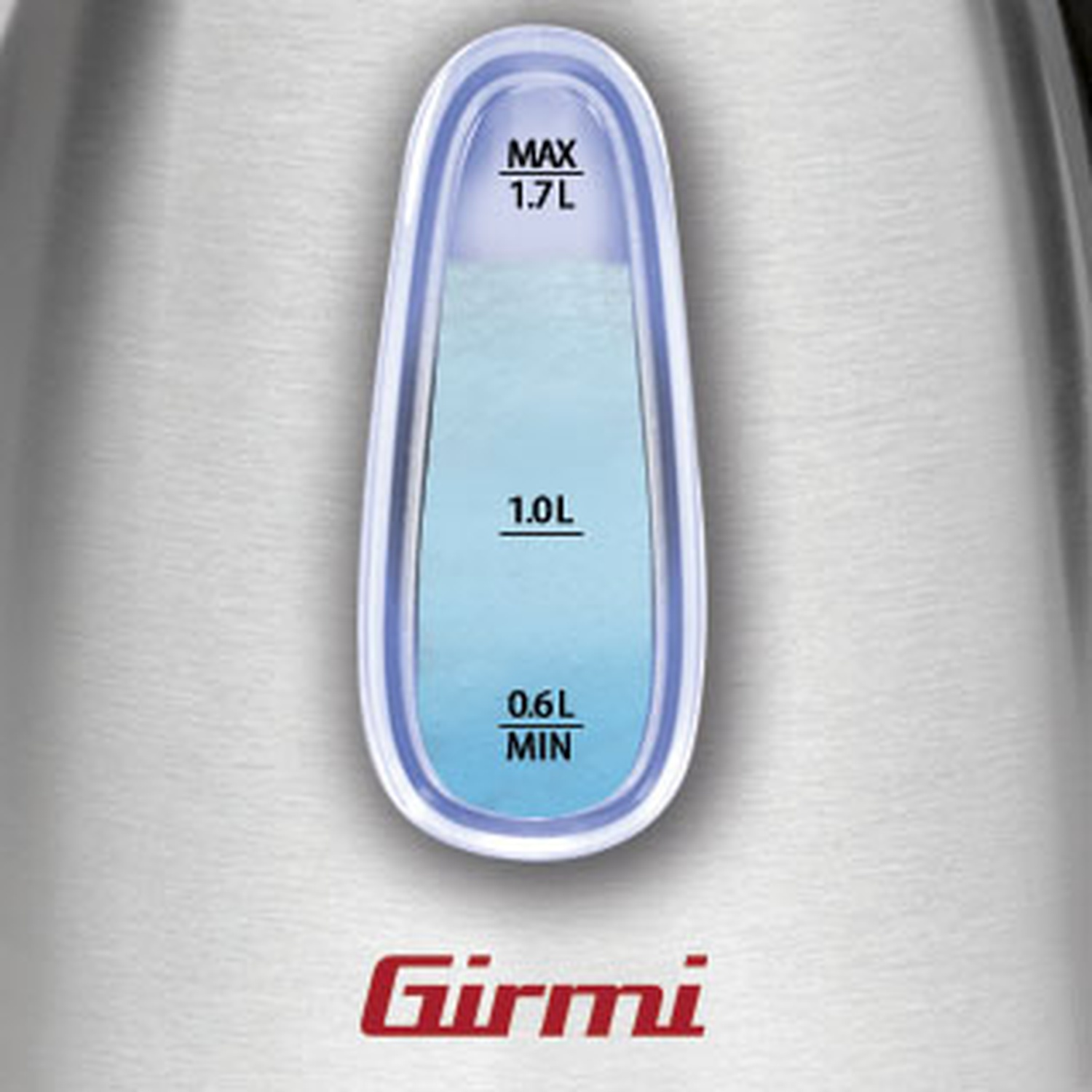 Un bollitore con indicatore del livello dell'acqua. L'indicatore mostra il livello attuale. Il marchio "Girmi" è in basso.