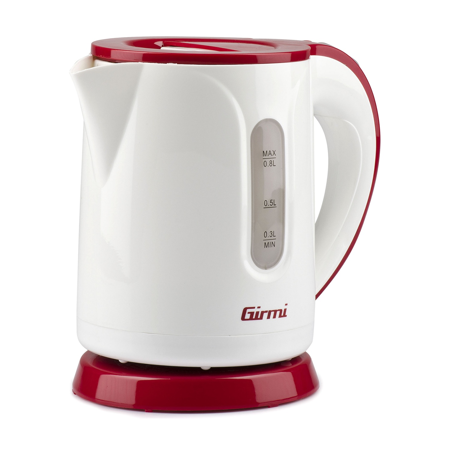 Bollitore elettrico bianco e rosso con manico, indicatore del livello dell'acqua e base rossa, isolato su sfondo bianco.