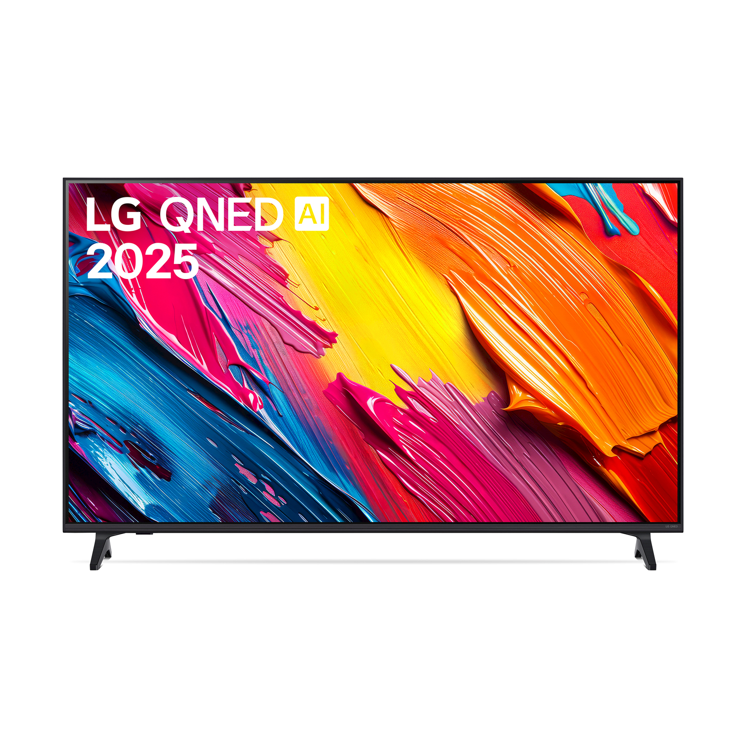 TV LG QNED 2025. Lo schermo mostra arte astratta colorata. La TV ha cornice e gambe nere, su sfondo bianco.
