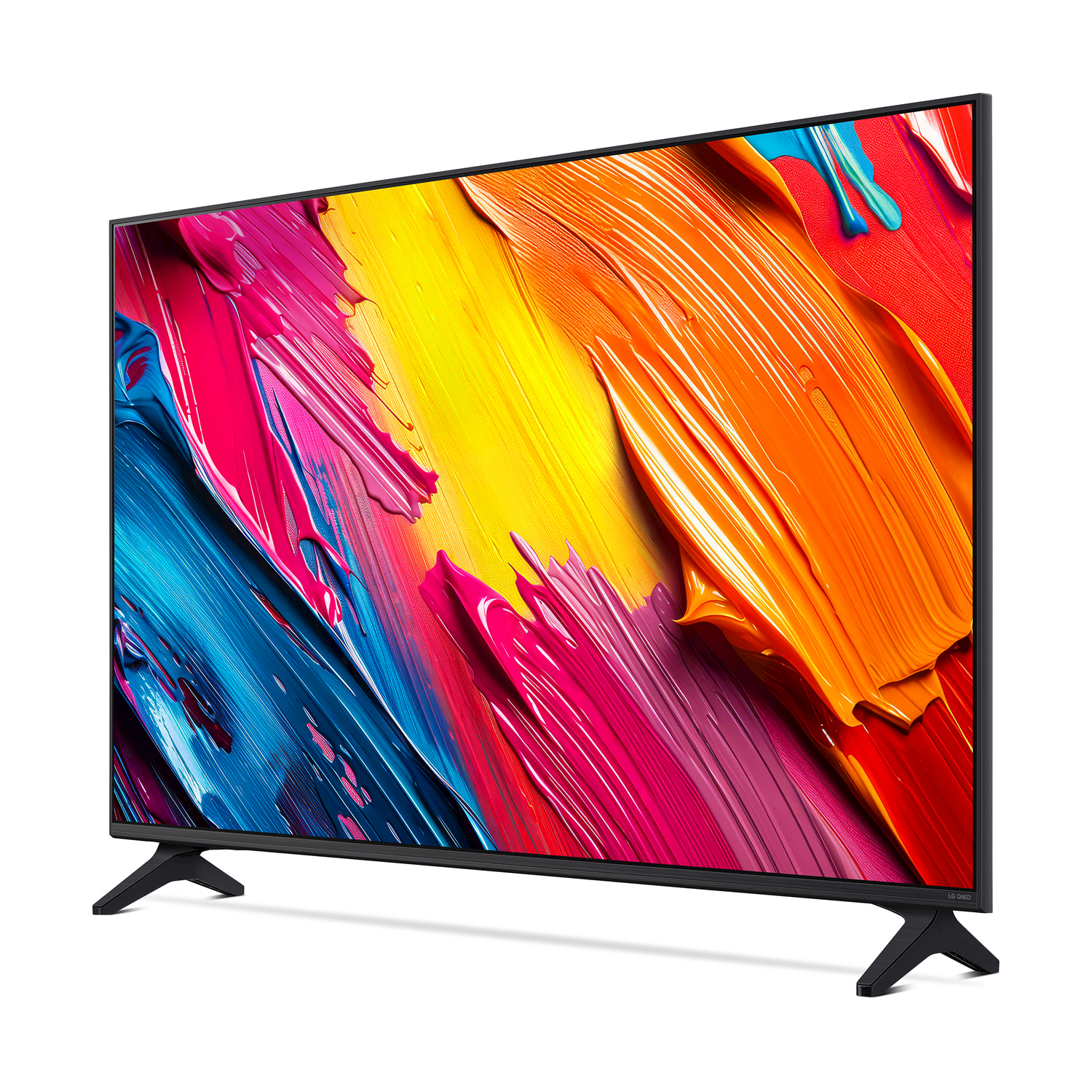 Una TV LG nera mostra pennellate colorate in rosa, arancione, giallo e blu. La TV poggia su gambe nere su uno sfondo bianco.