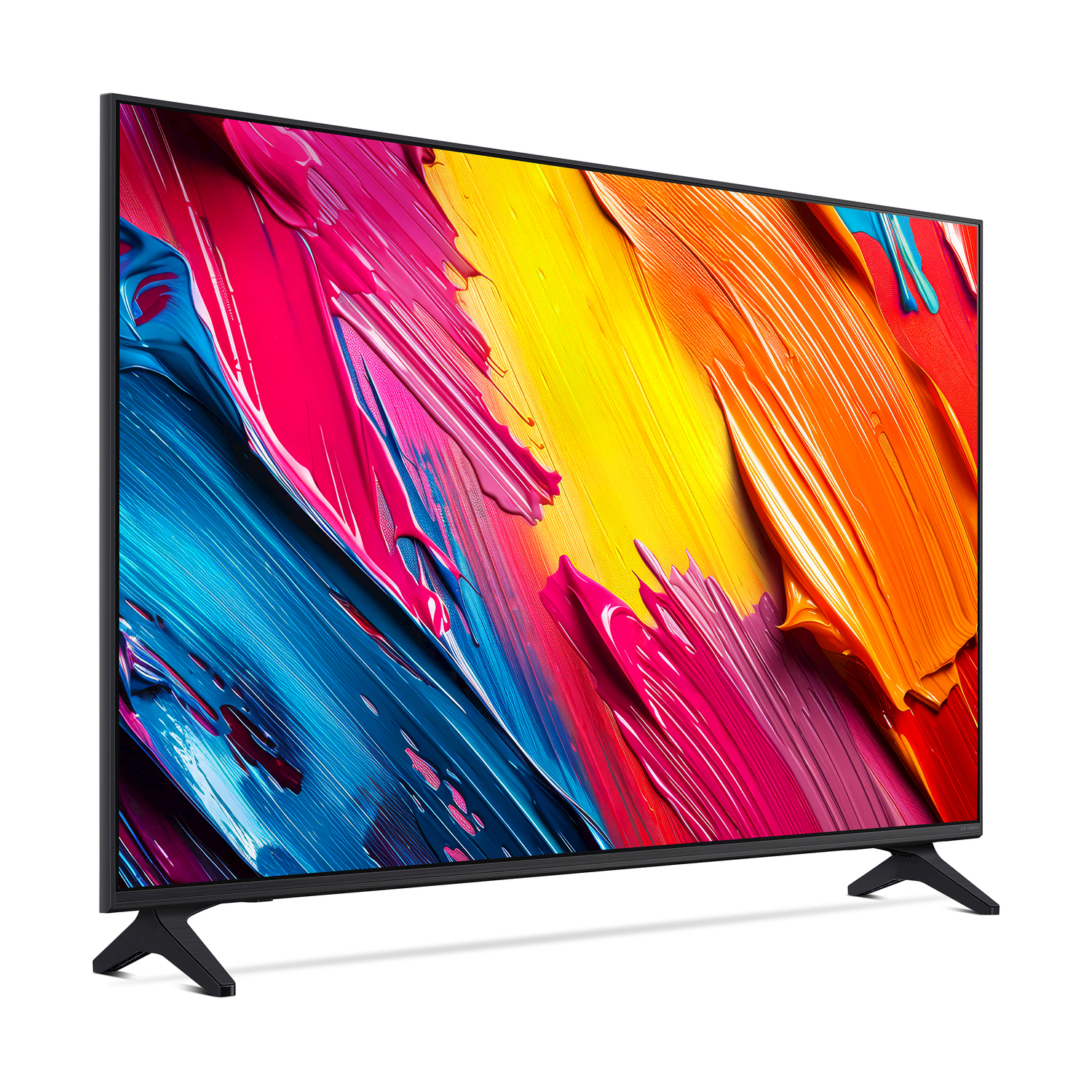 Un televisore a schermo piatto mostra arte astratta colorata. Il televisore ha cornici nere e poggia su due gambe nere.