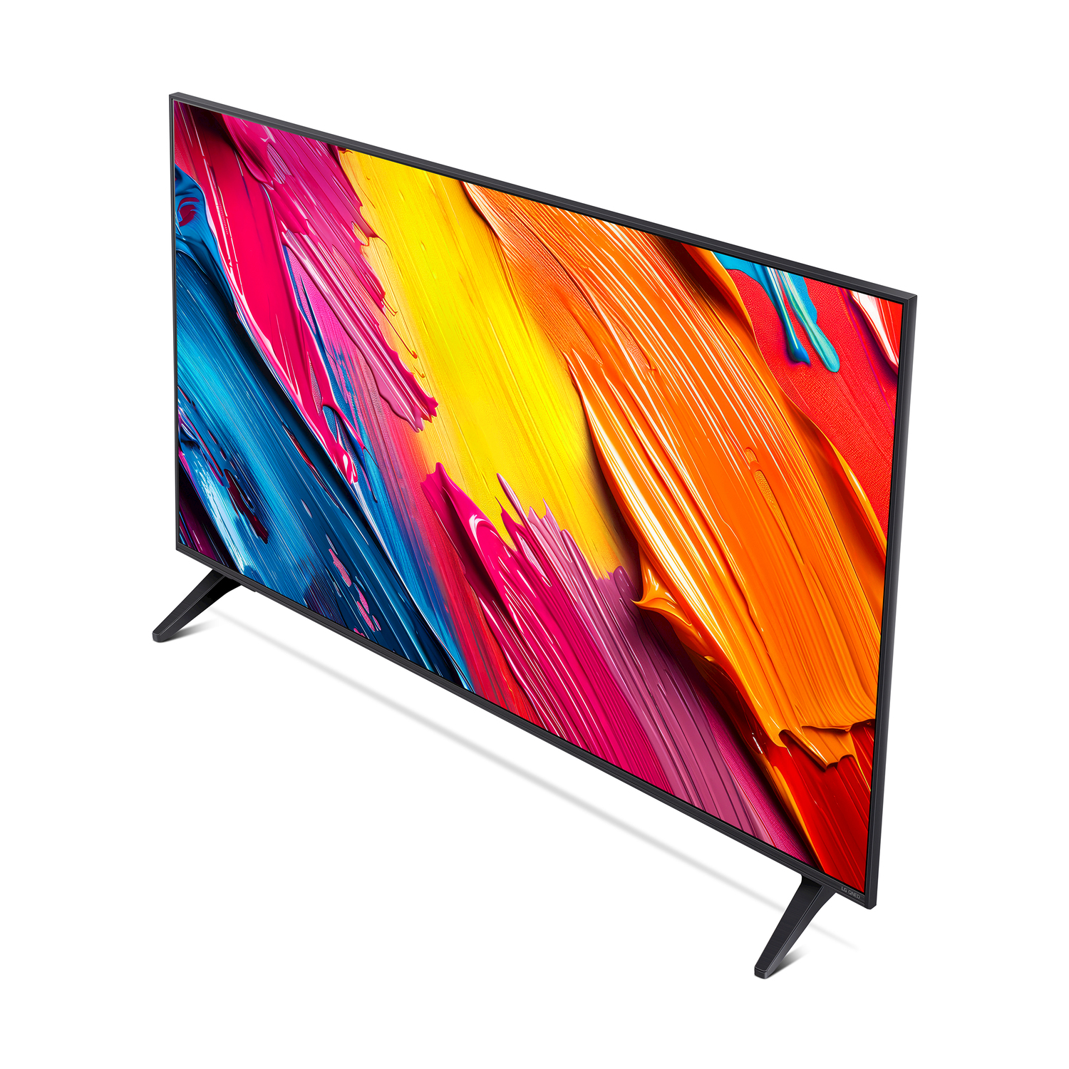 Un televisore a schermo piatto mostra arte astratta colorata. Il televisore è nero, su sfondo bianco. L'immagine presenta arancione, blu e rosa.