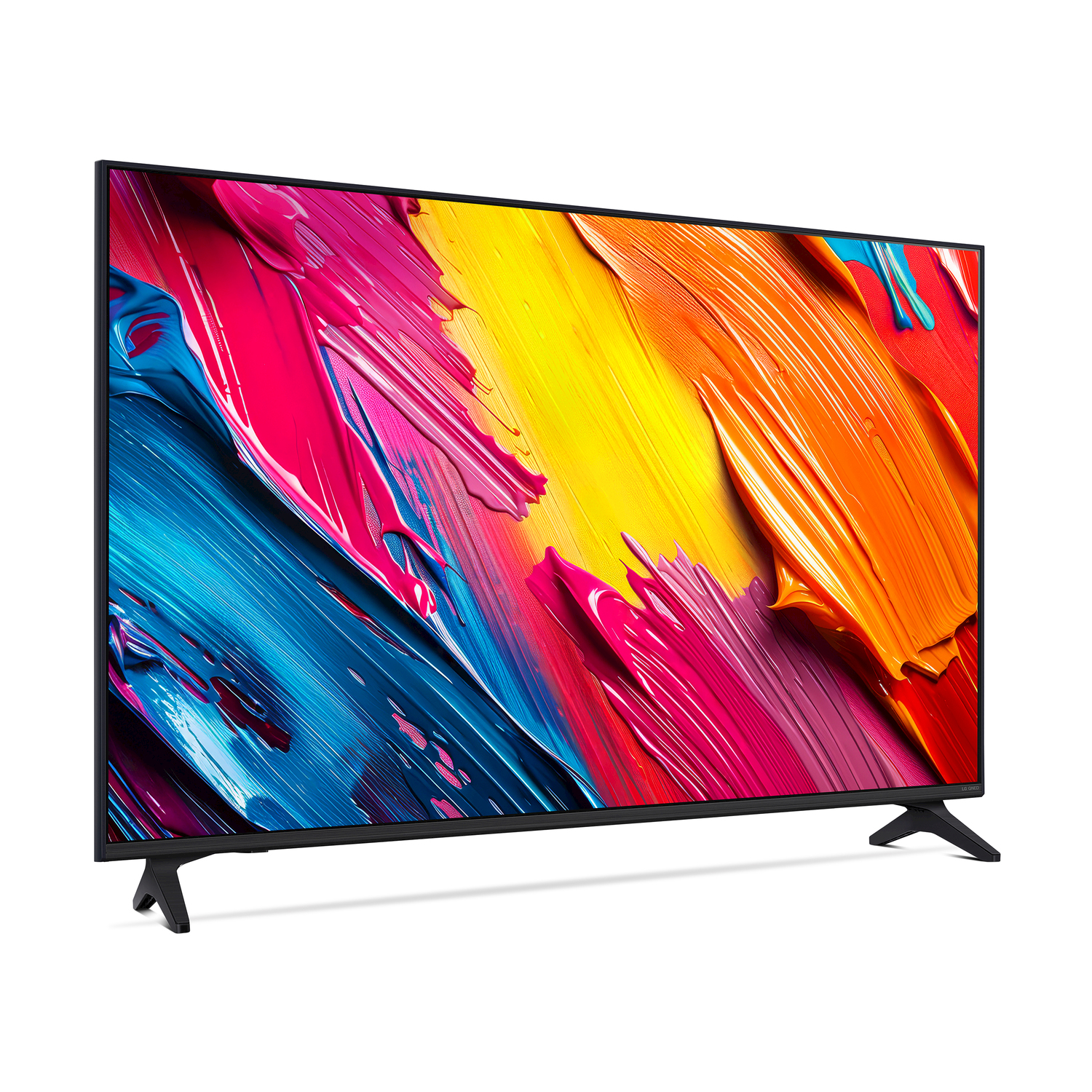 Un televisore a schermo piatto mostra arte astratta colorata. La TV è nera, con gambe nere, su sfondo bianco.