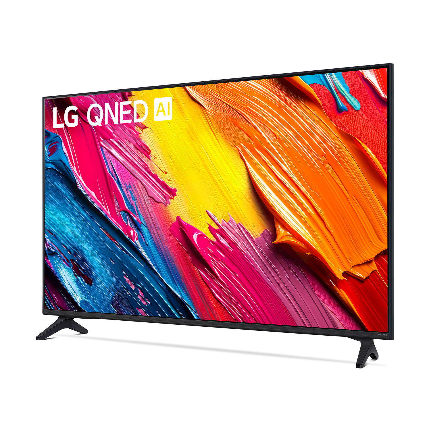 TV LG QNED AI. Arte astratta colorata sullo schermo, cornice e supporto neri. Sfondo bianco. Display mostra blu, giallo, arancione e rosa.