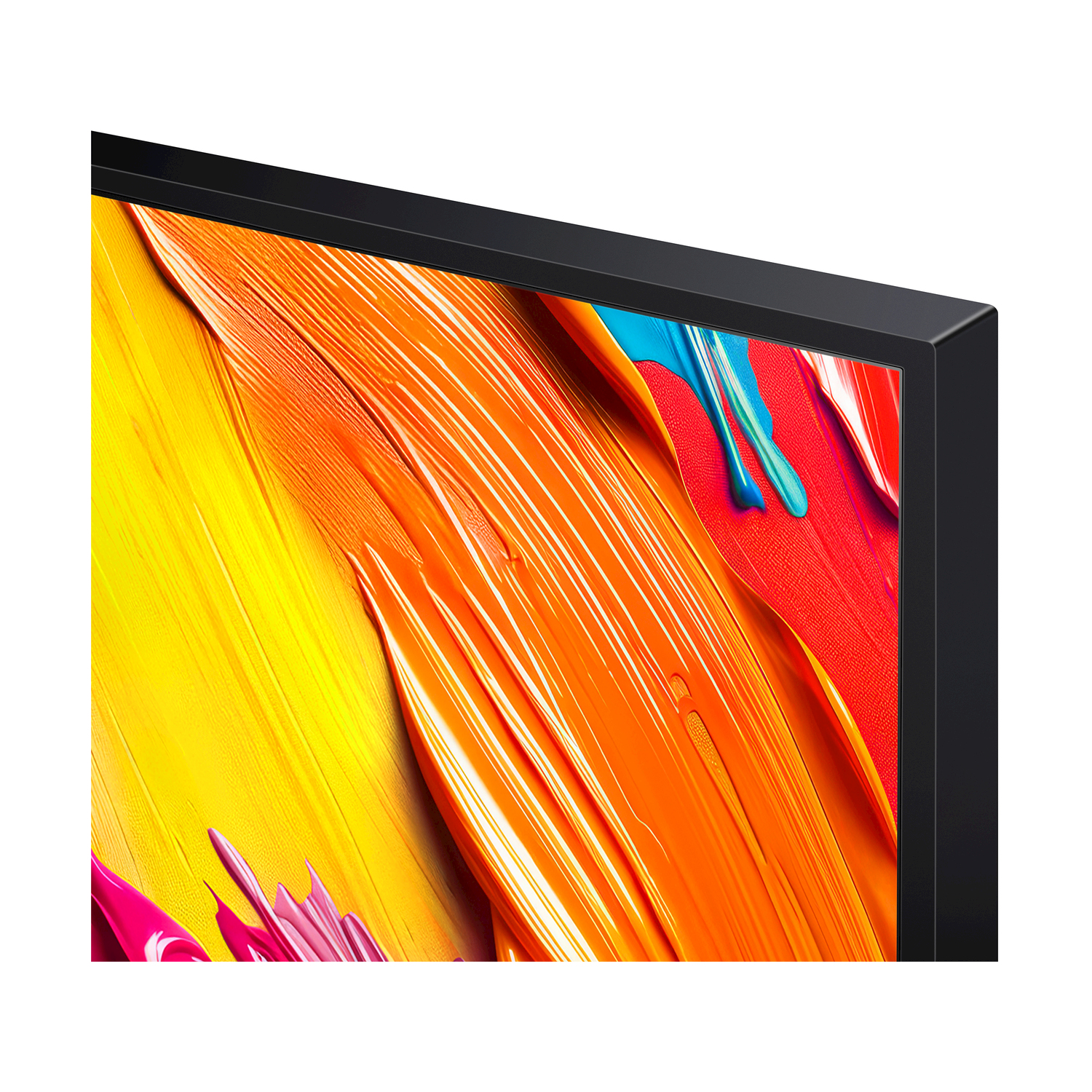 Primo piano di uno schermo che mostra arte astratta con colori vivaci: giallo, arancione, rosso e blu. Una cornice nera circonda lo schermo.