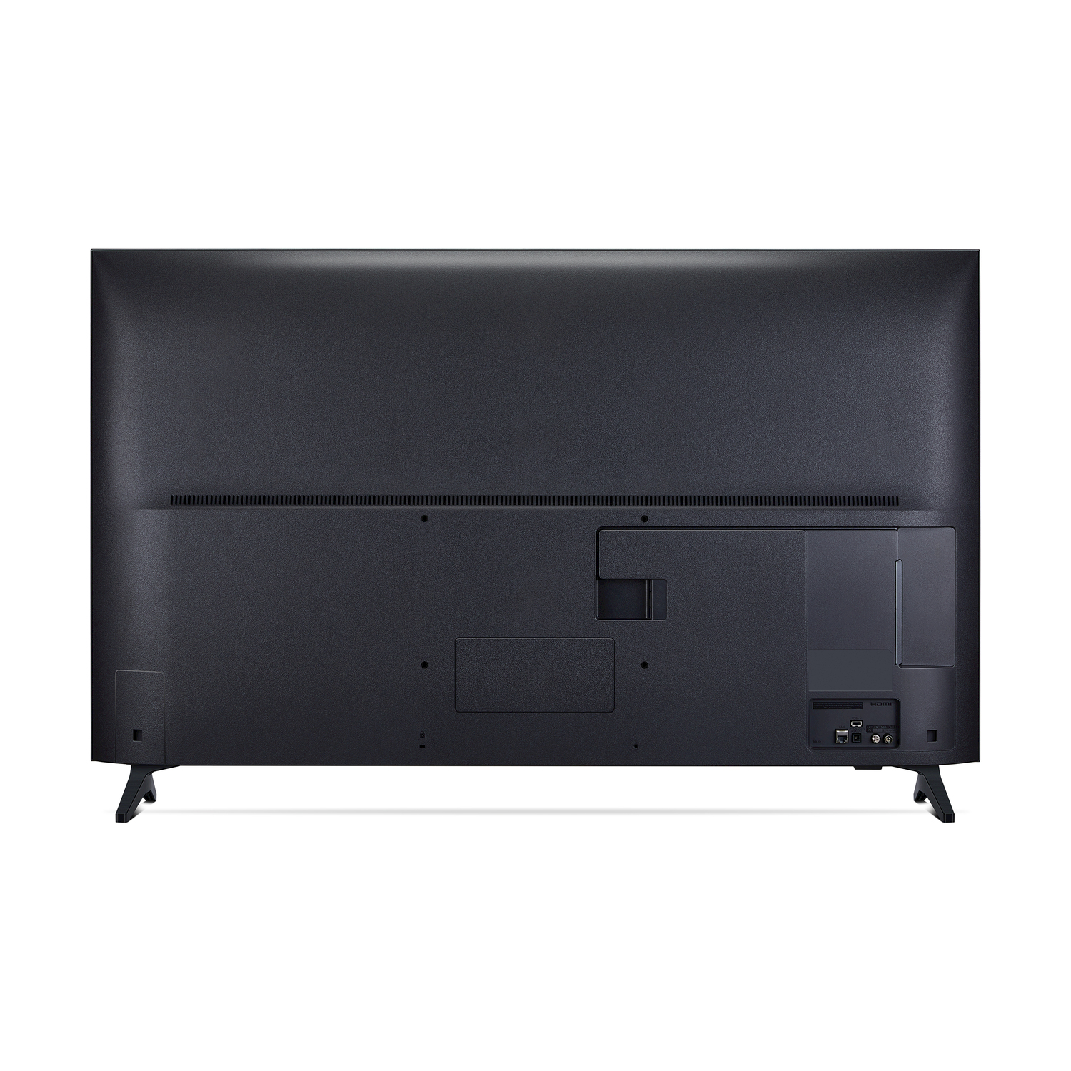 Vista posteriore di una TV nera. Ha porte in basso e due gambe. Lo sfondo è bianco.