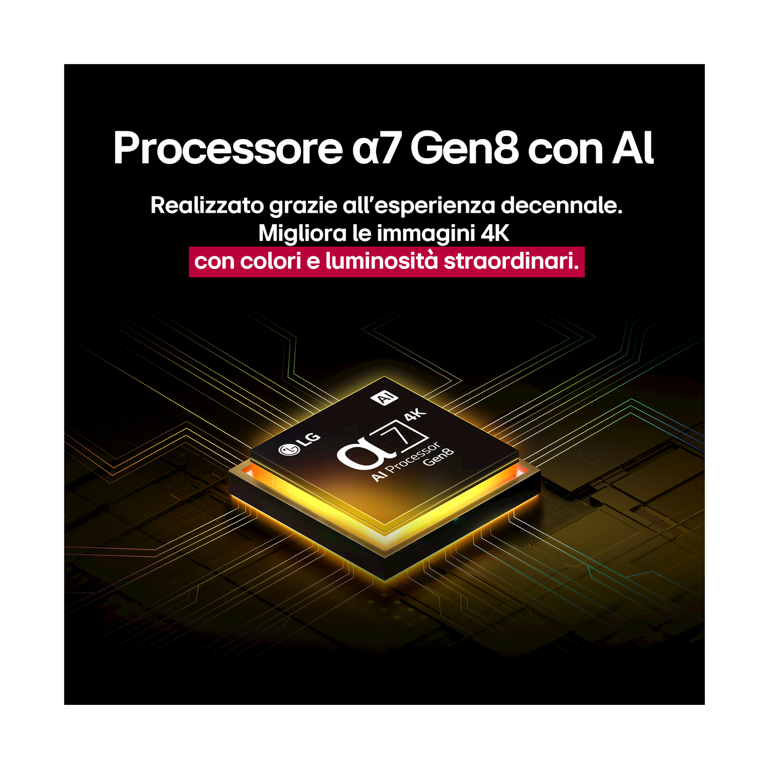 L'immagine mostra un processore con il testo 'Processore a7 Gen8 con AI'. Il processore è su uno sfondo scuro con linee gialle.
