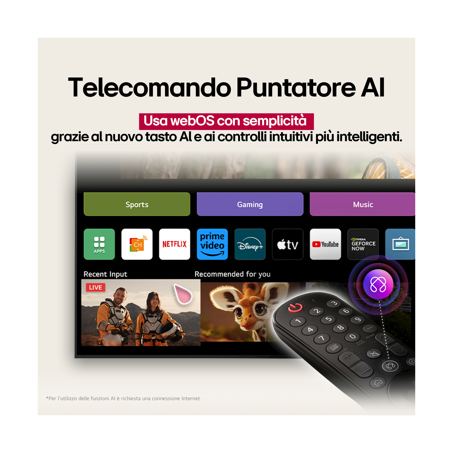 Uno schermo TV mostra icone di app e un telecomando. Il telecomando ha una funzione puntatore e lo schermo mostra un menu di contenuti.
