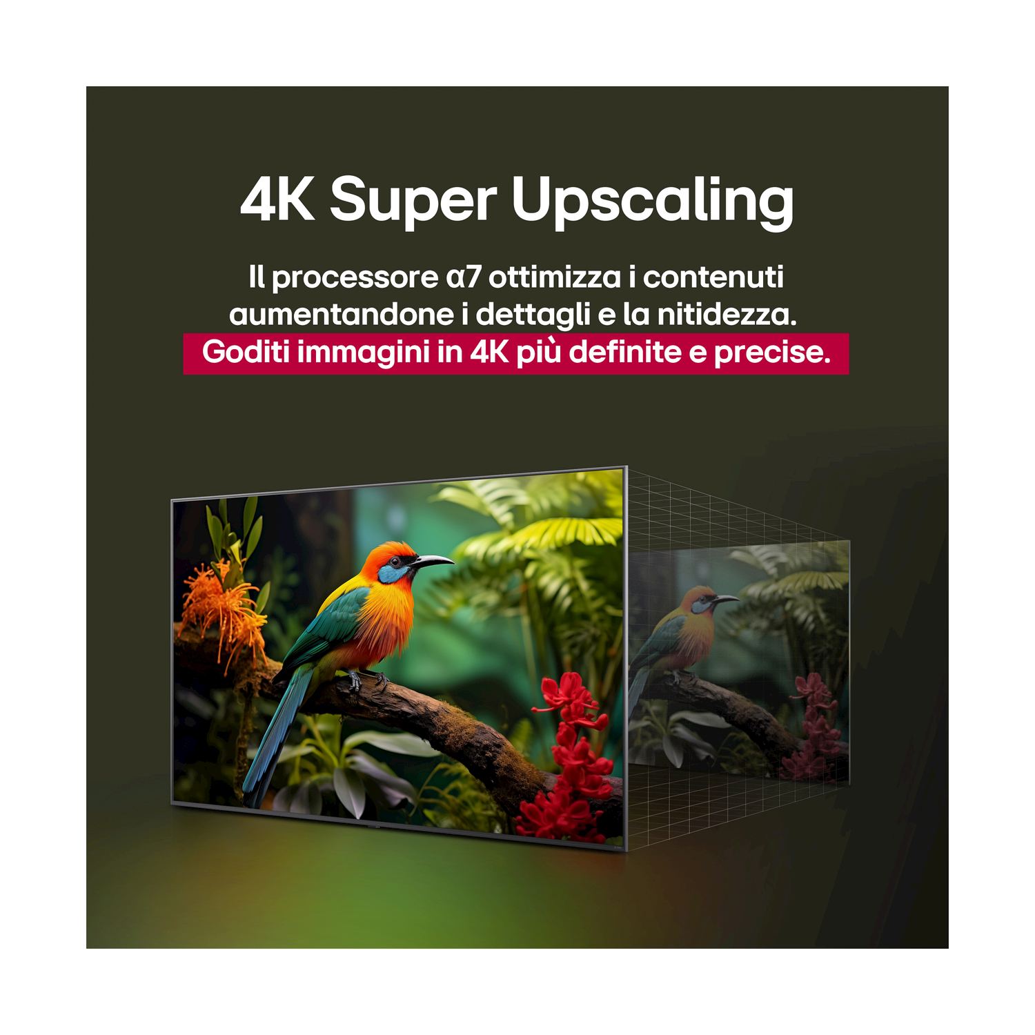 Un televisore mostra un uccello colorato su un ramo. Il testo sopra dice '4K Super Upscaling' ed evidenzia la qualità dell'immagine.