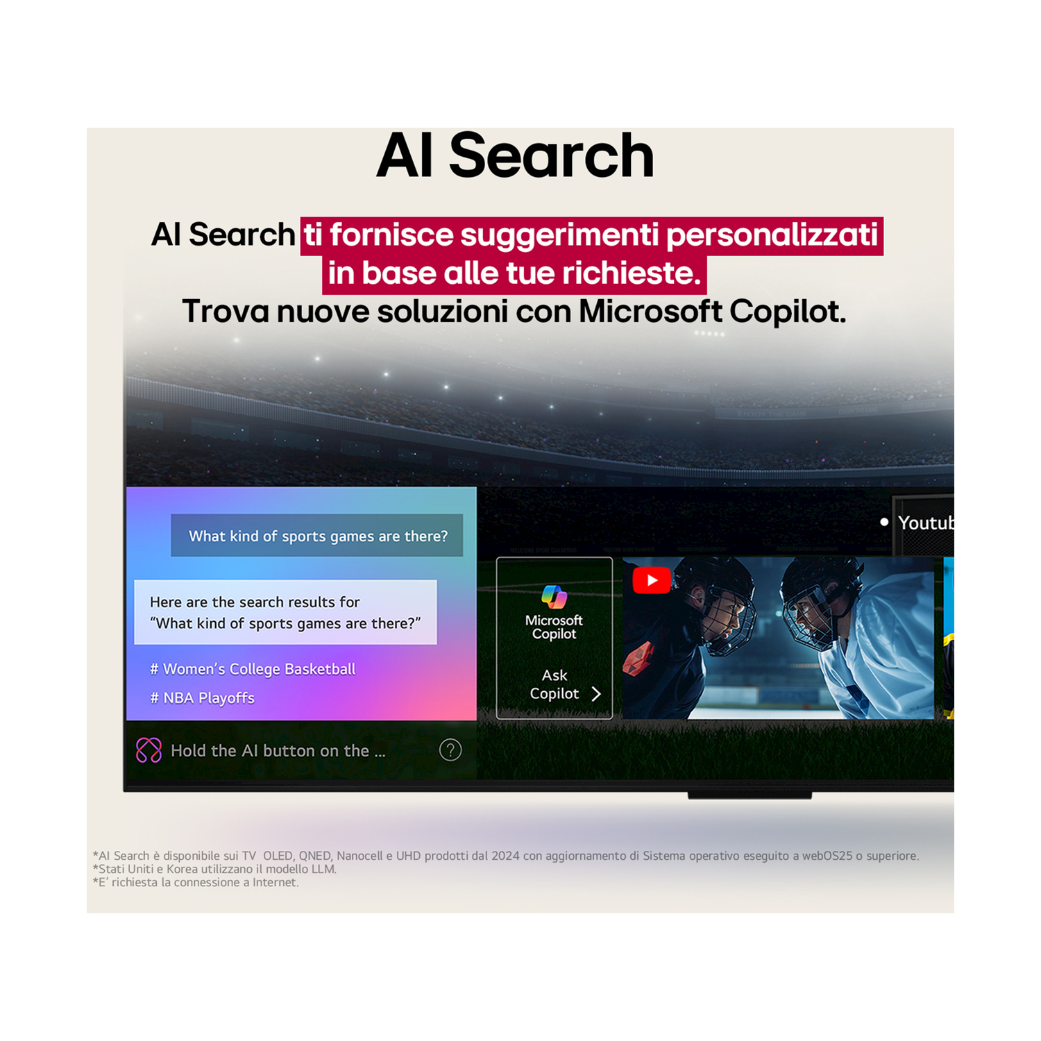 Interfaccia di ricerca AI. Il testo recita "AI Search", offre suggerimenti personalizzati e trova soluzioni con Microsoft Copilot.