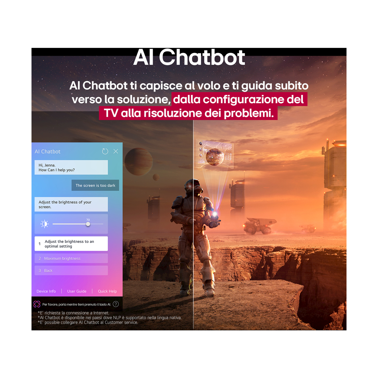 Interfaccia AI Chatbot su una scena futuristica. Una persona in tuta sta su un pianeta rosso, con un'astronave sullo sfondo.