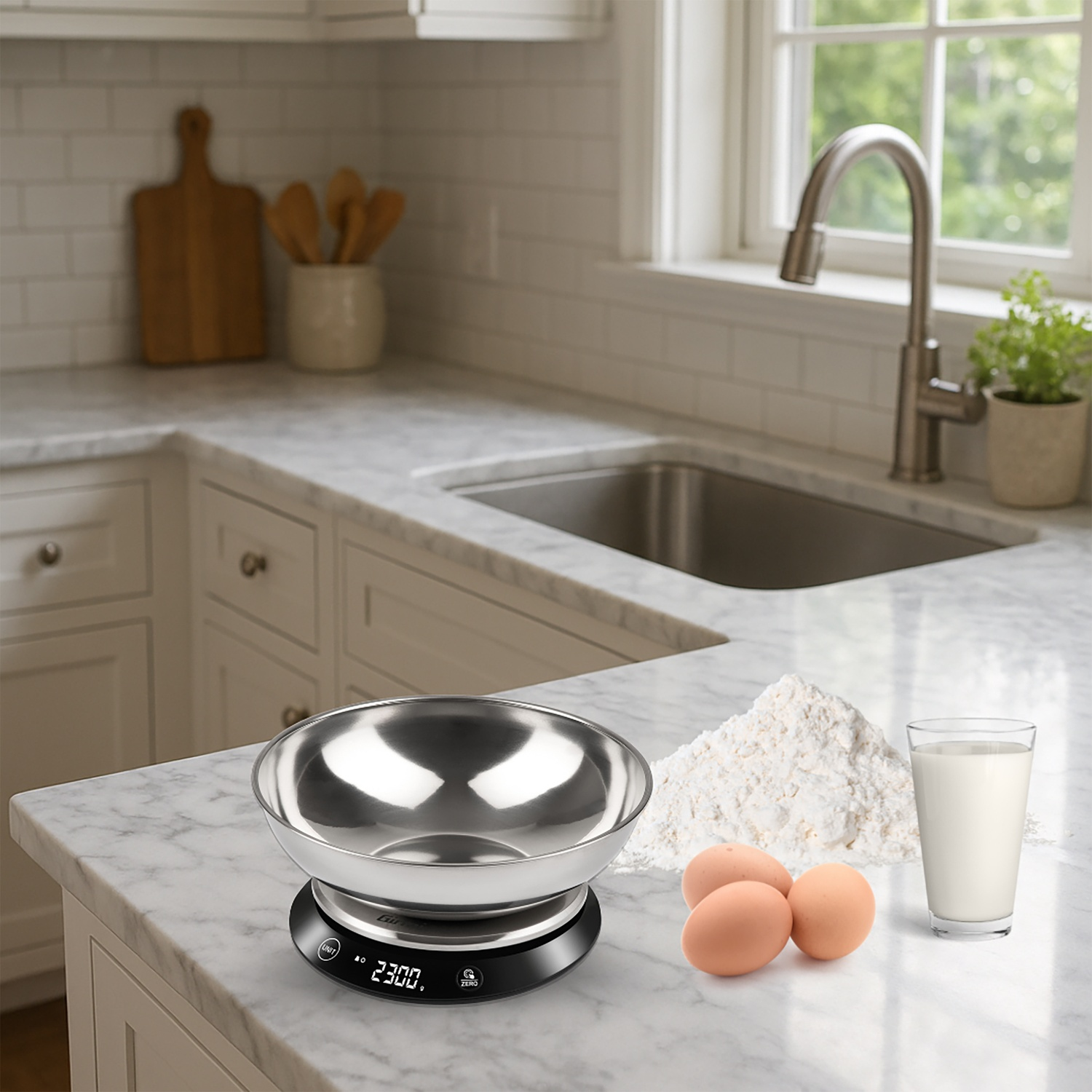 Scena in cucina con bilancia, farina, uova e latte. Una ciotola in acciaio inox poggia sulla bilancia, con una finestra sullo sfondo.