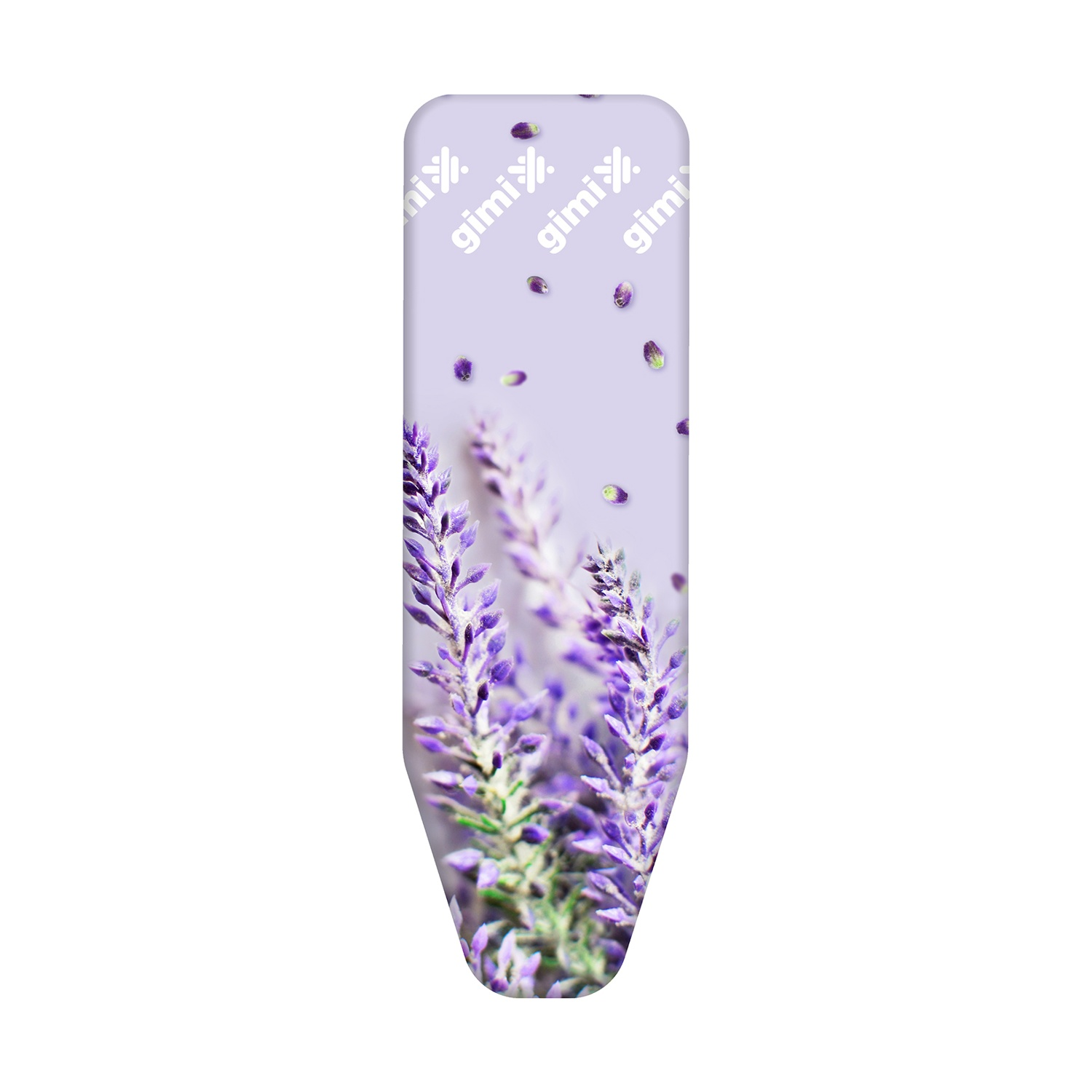 Una fodera per asse da stiro con fiori di lavanda e il logo del marchio gimi su sfondo lilla chiaro.