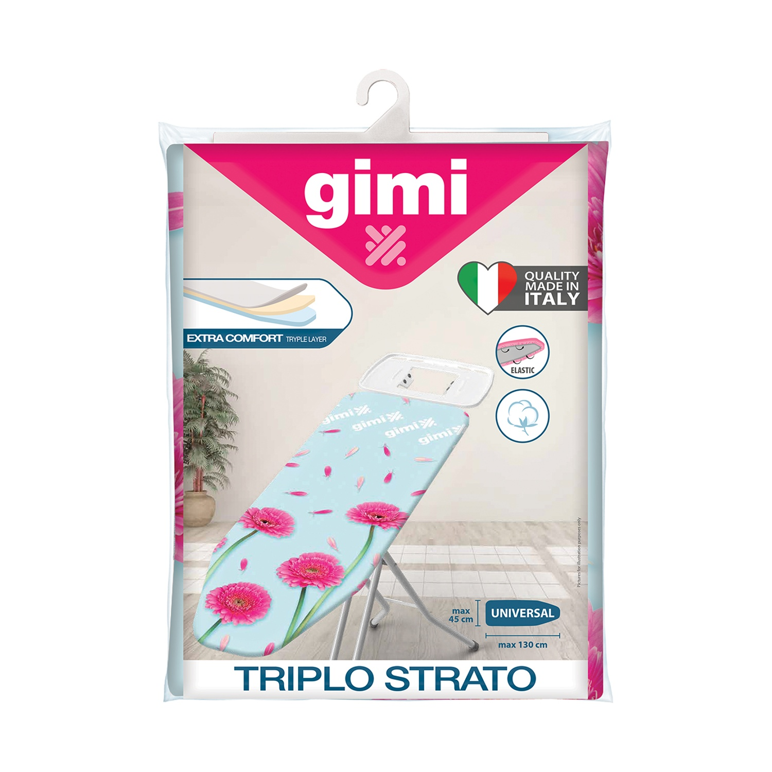 Una fodera per asse da stiro Gimi in una confezione di plastica. Ha fiori rosa su sfondo blu. La confezione include anche testo e loghi.