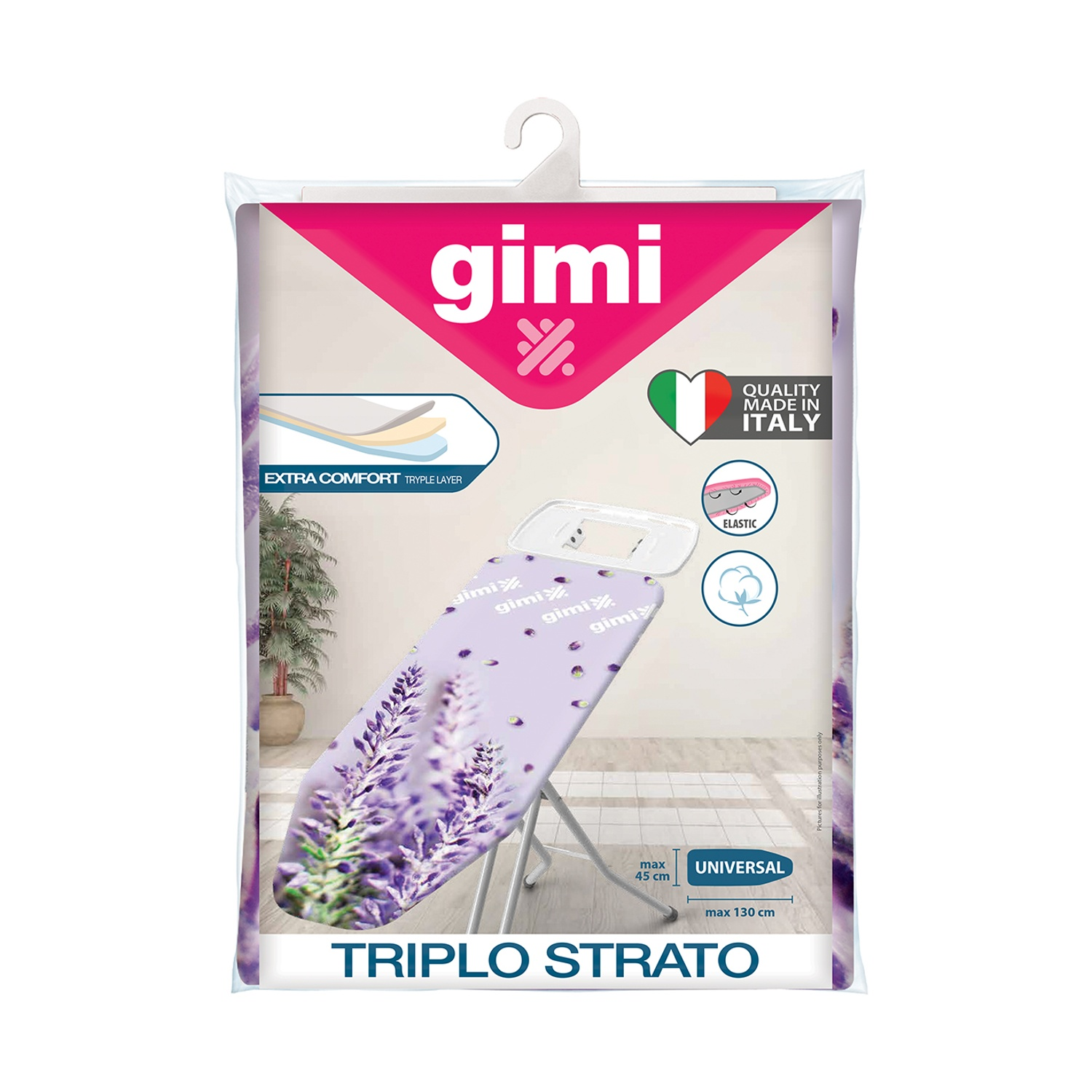 Una fodera per asse da stiro Gimi in confezione di plastica. Presenta un design lavanda e un'etichetta di qualità italiana.