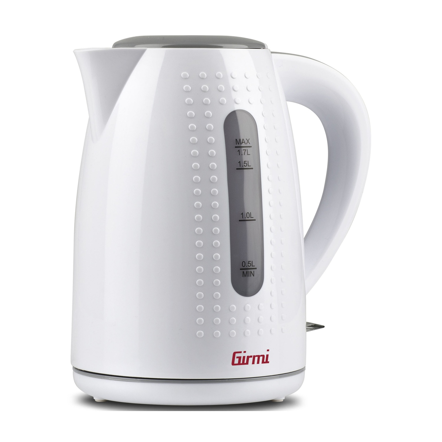 Un bollitore elettrico bianco con coperchio e manico grigi. Ha un indicatore del livello dell'acqua e il marchio 'Girmi'.