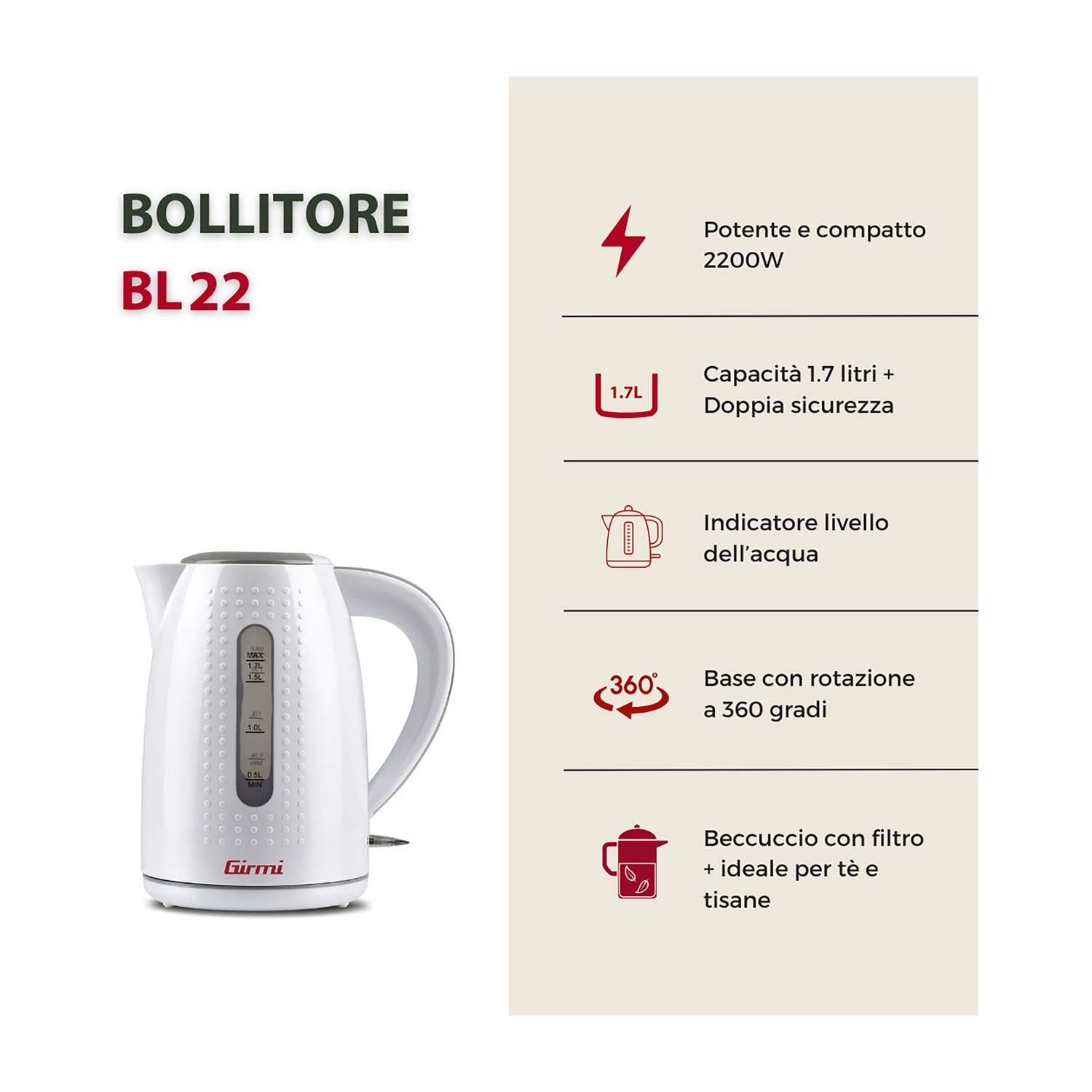 Bollitore elettrico bianco con manico e indicatore del livello dell'acqua. Il testo descrive le sue caratteristiche.