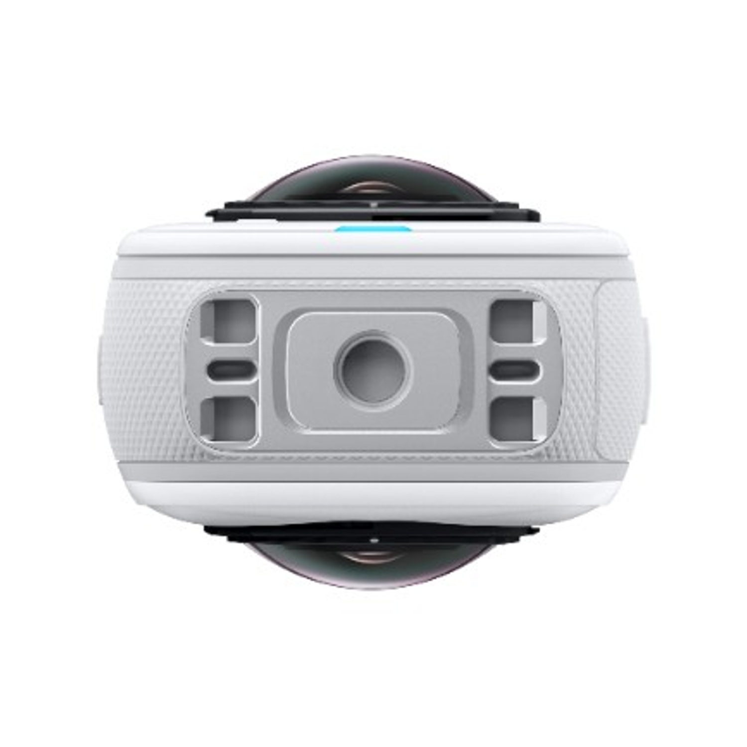 Una fotocamera a 360 gradi bianca e grigia. Ha due obiettivi neri sopra e sotto e diverse aperture frontali.
