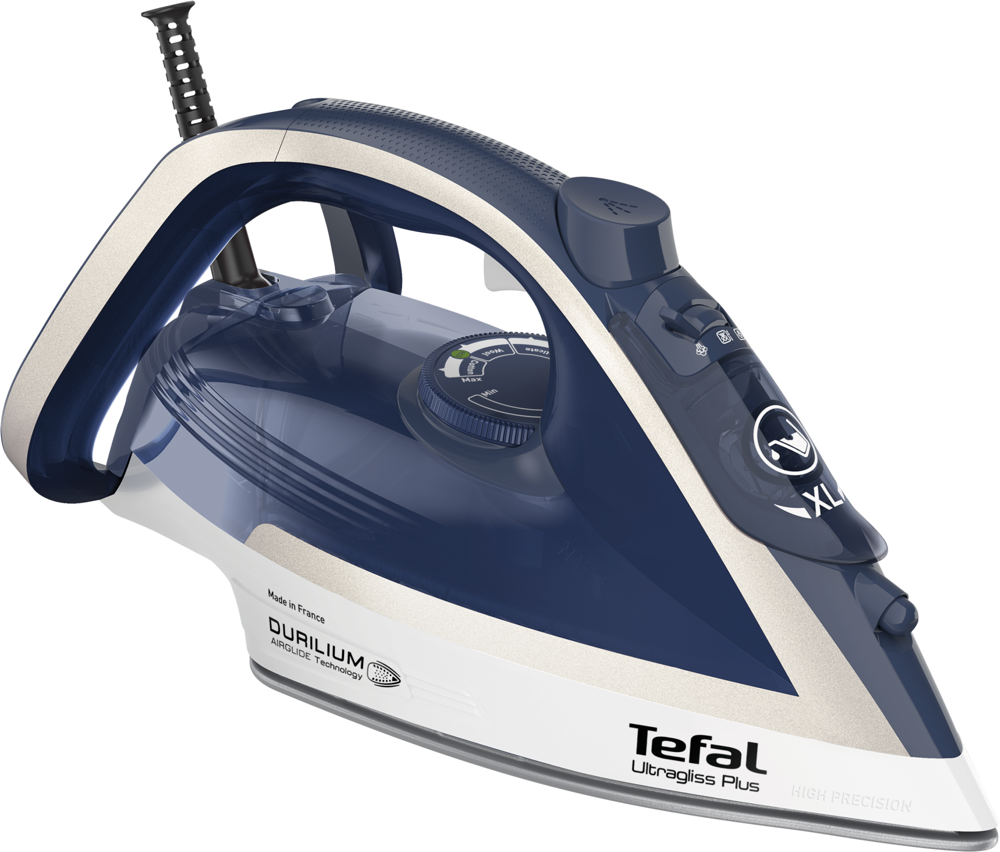 Kék, fehér és ezüst Tefal vasaló. Jellemzői a fogantyú, a hőmérséklet-szabályzó és az 'Ultragliss Plus' felirat.
