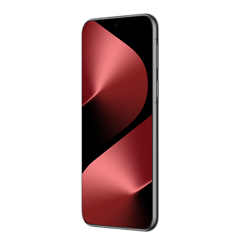 Siyah ekranlı bir akıllı telefon, siyah zemin üzerinde iki kırmızı, koni şeklinde tasarıma sahip. Telefonun gümüş bir çerçevesi var.