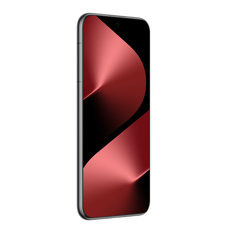 Kırmızı geçişler gösteren siyah ekranlı bir akıllı telefon. Telefonun gümüş bir çerçevesi vardır ve dikey yönde gösterilmektedir.