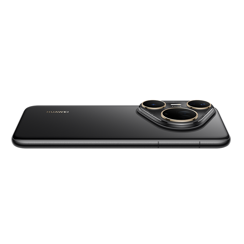 Üç lensli kameraya sahip siyah bir Huawei akıllı telefon. Telefon yatıyor, kamerayı ve Huawei logosunu gösteriyor.