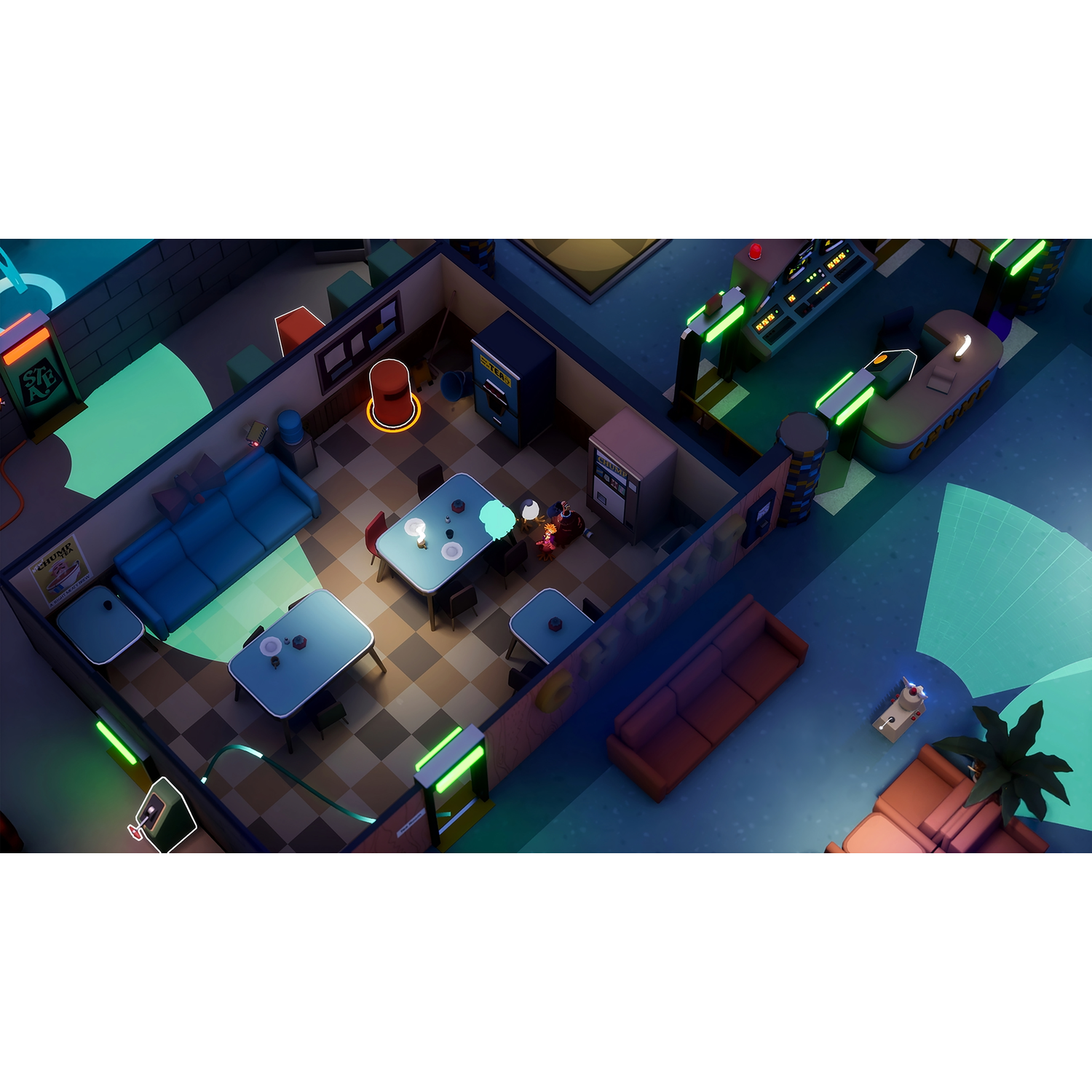 Une scène intérieure stylisée avec des tables, des chaises, des distributeurs automatiques et des canapés. Des néons illuminent l'espace. Le ton général est futuriste.