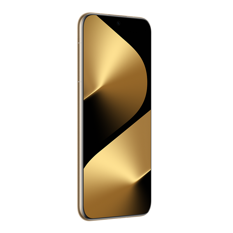 Altın renkli akıllı telefon, altın renkli şekiller gösteren siyah ekranla. Telefon açılı olarak duruyor.