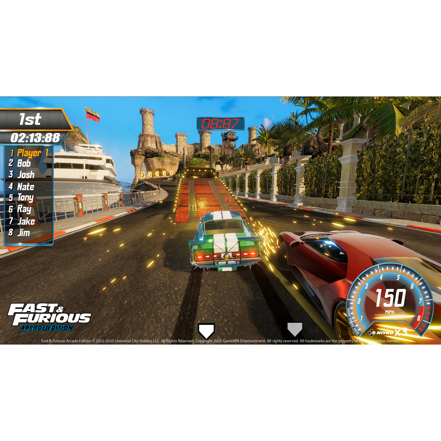 Een screenshot van een racespel. Een groene auto leidt, een rode auto volgt. De game toont een leaderboard, een timer en een snelheidsmeter.