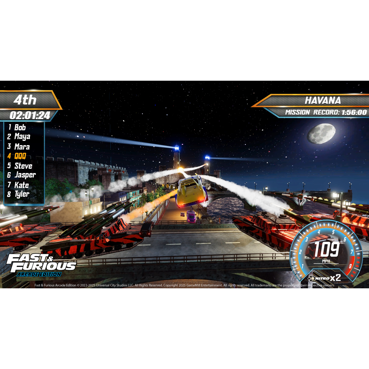 Gamescène: autoracen in Havana 's nachts. Een auto rijdt met 109 mph. Nitro x2. Sterren, maan en stadsgezicht op de achtergrond.