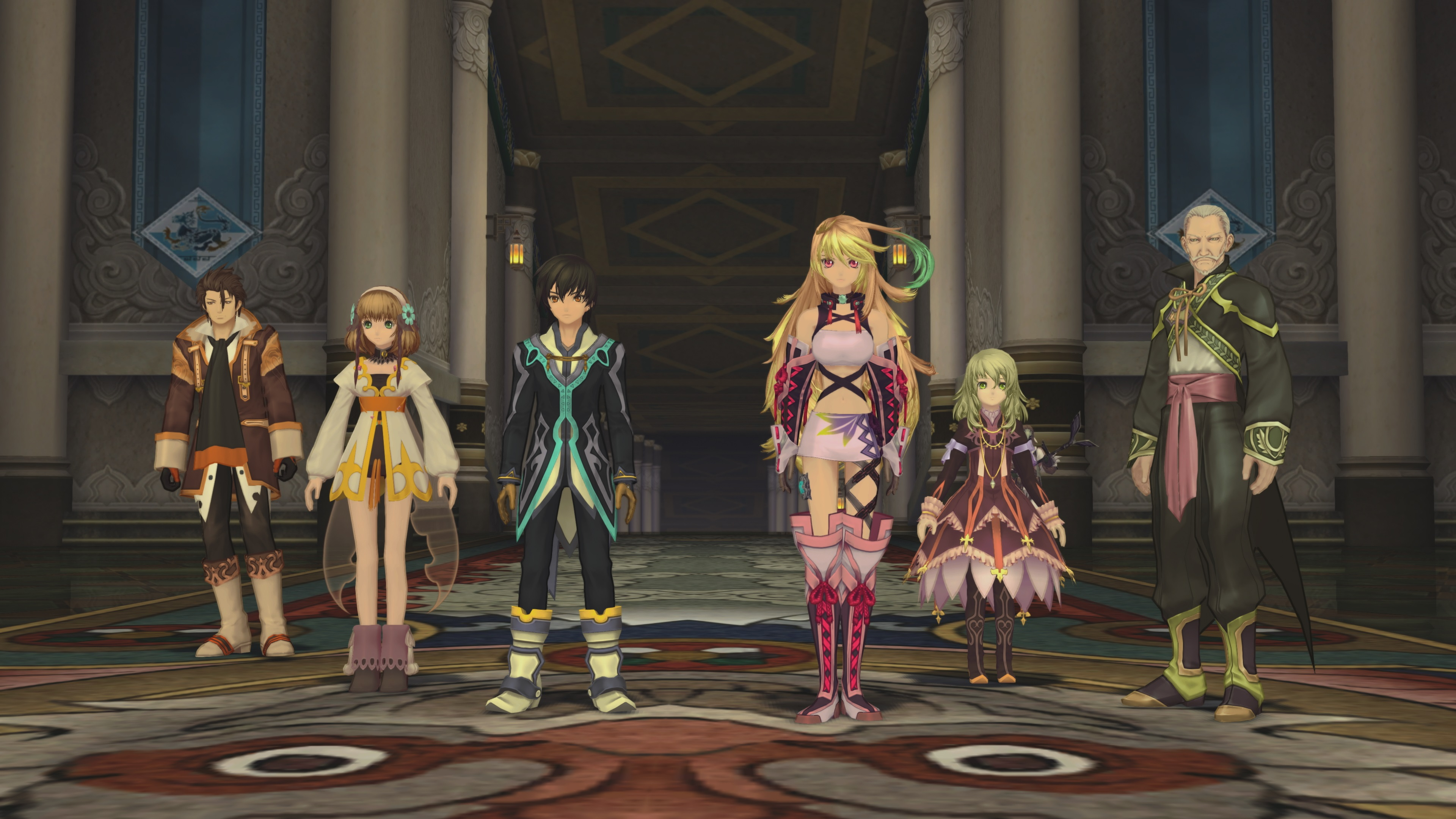 Seis personajes de estilo anime están en un gran salón con columnas ornamentadas. Son diversos en apariencia, visten atuendos únicos y miran al espectador.