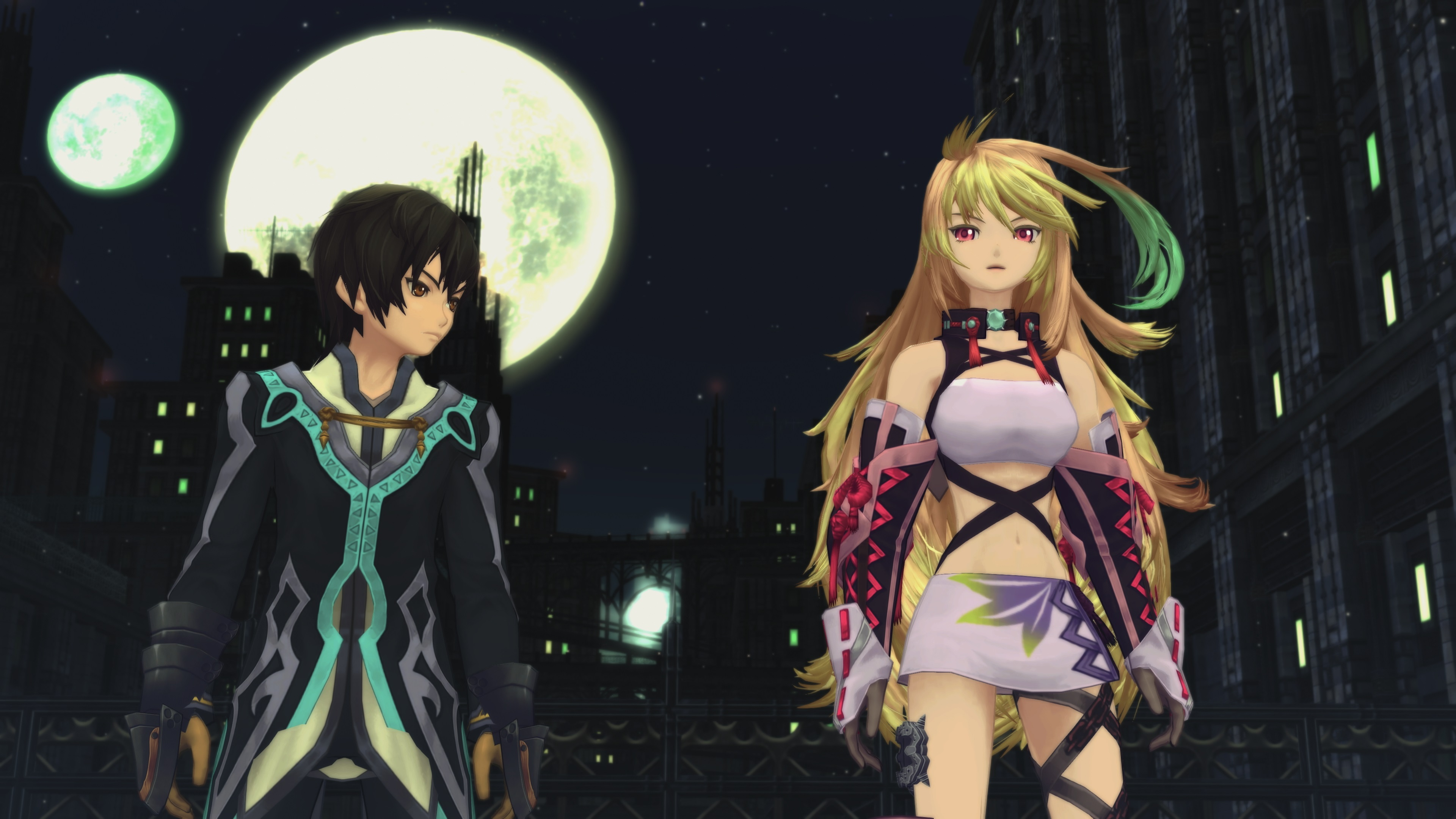 Dos personajes de anime frente a un paisaje urbano con una gran luna. Uno tiene cabello negro y el otro, cabello largo y rubio.