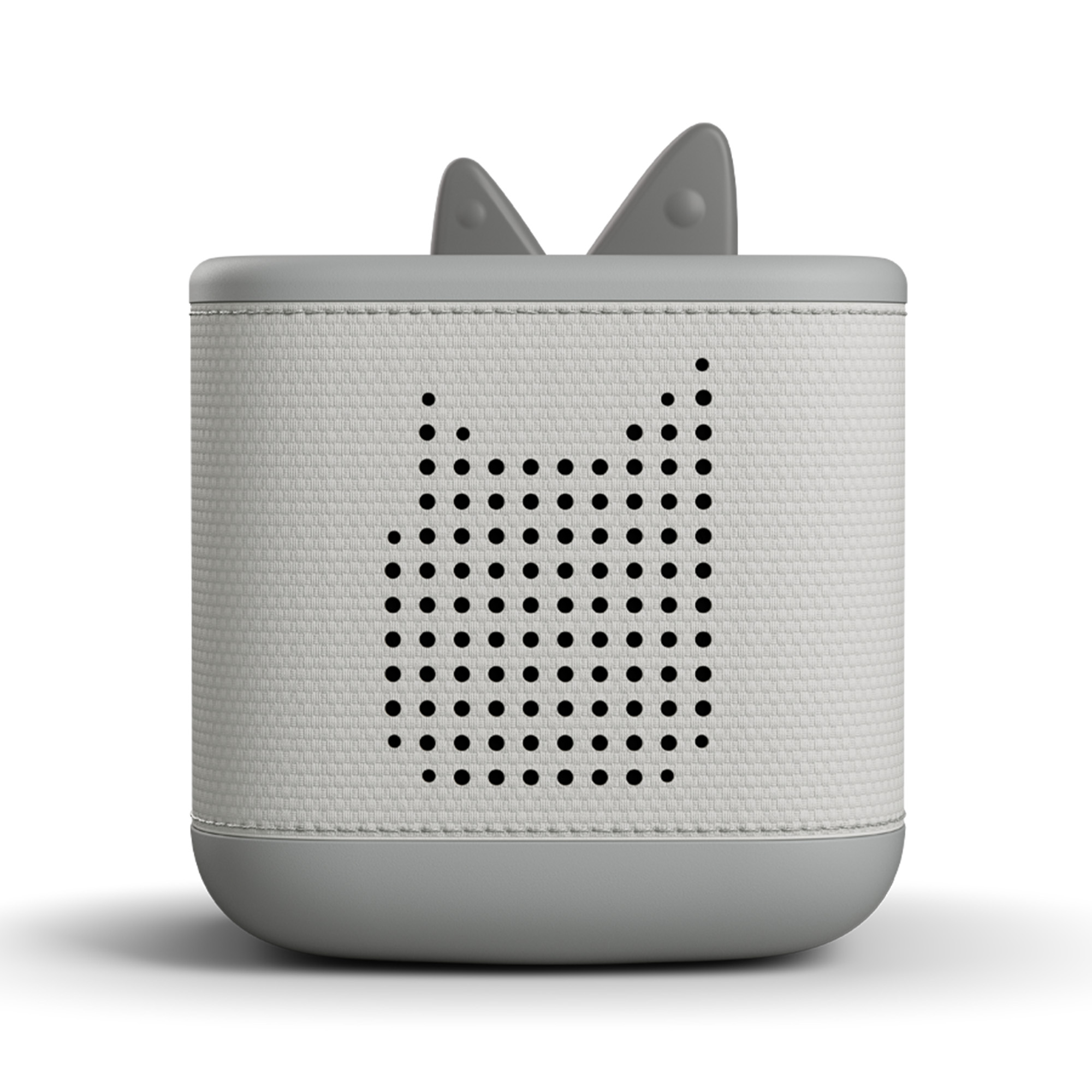 Ein grauer, kastenförmiger Lautsprecher im Katzen-Design. Er hat eine strukturierte Front, ein Punktmuster und zwei ohrenartige Vorsprünge.