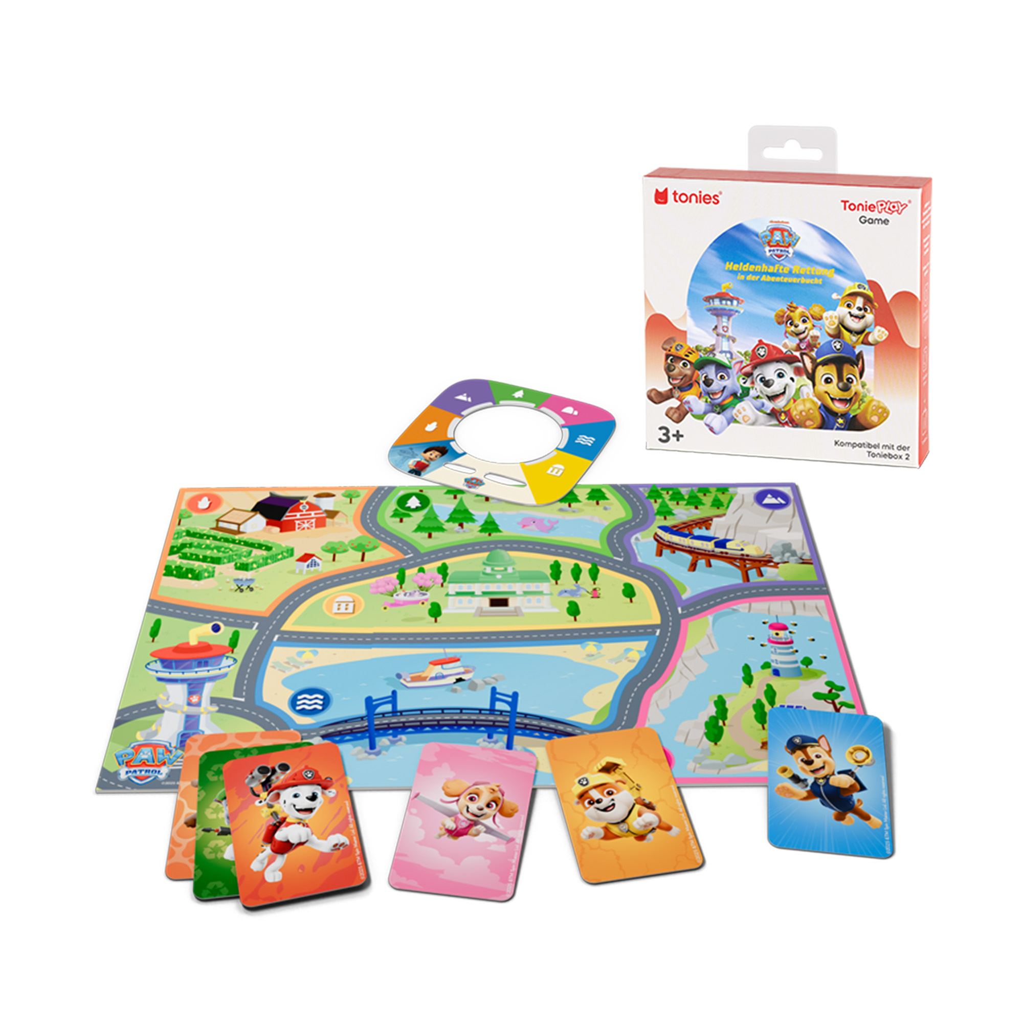Paw Patrol Brettspiel. Enthält Spielbrett, Karten und eine Box mit Paw Patrol Charakteren. Buntes, ansprechendes Design.