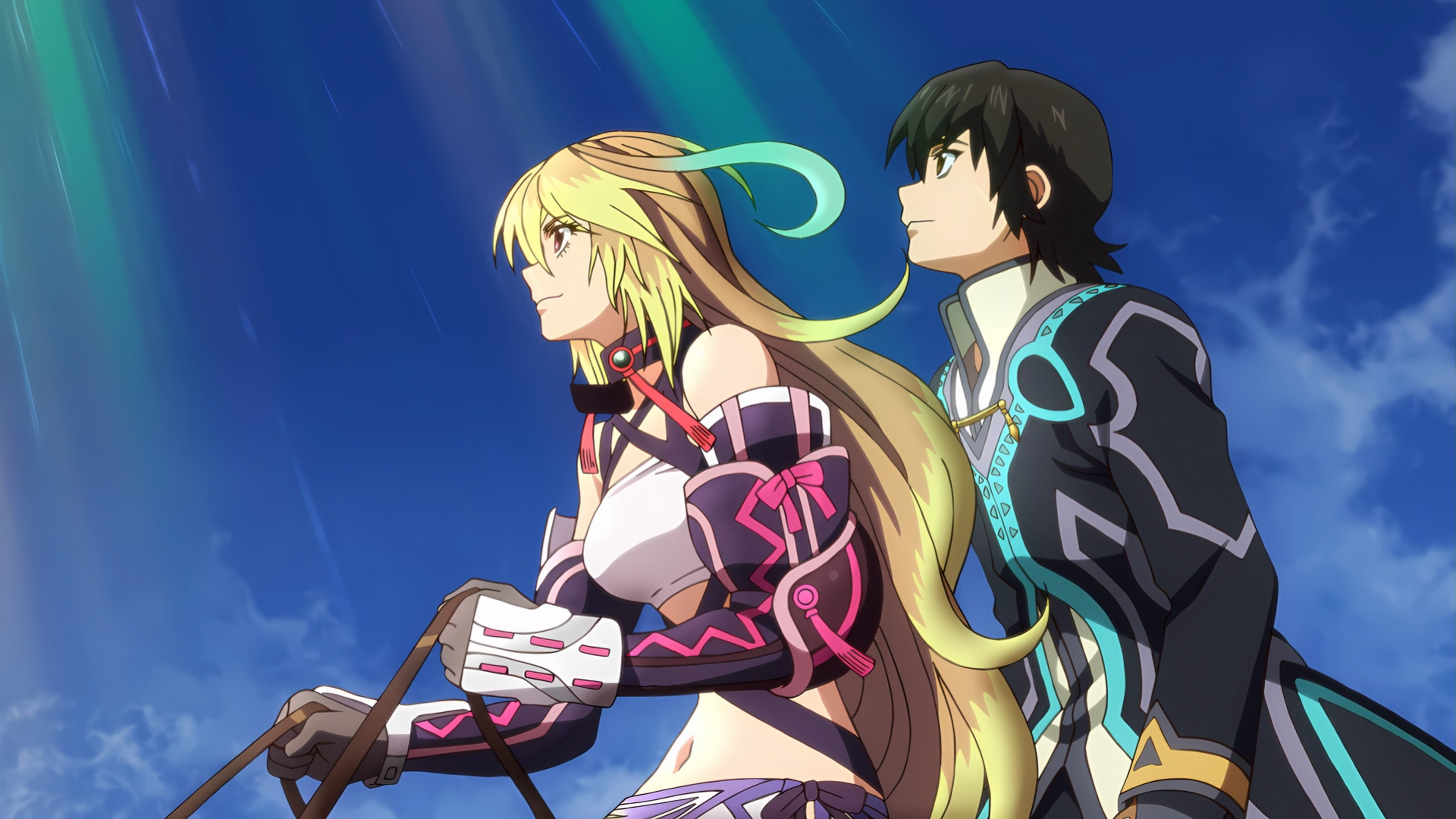 Personajes de anime con cabello rubio y negro mirando al cielo. El cielo es azul con algunas luces verdes. La mujer tiene equipo.