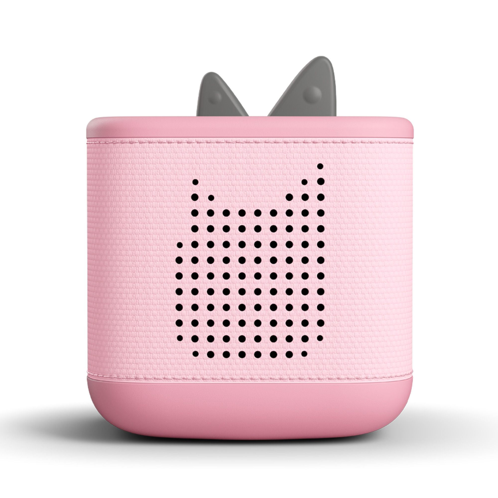 Ein rosa Würfel mit einem katzenförmigen Lautsprecher und grauen Ohren oben. Der Lautsprecher hat schwarze Punkte und befindet sich auf weißem Hintergrund.