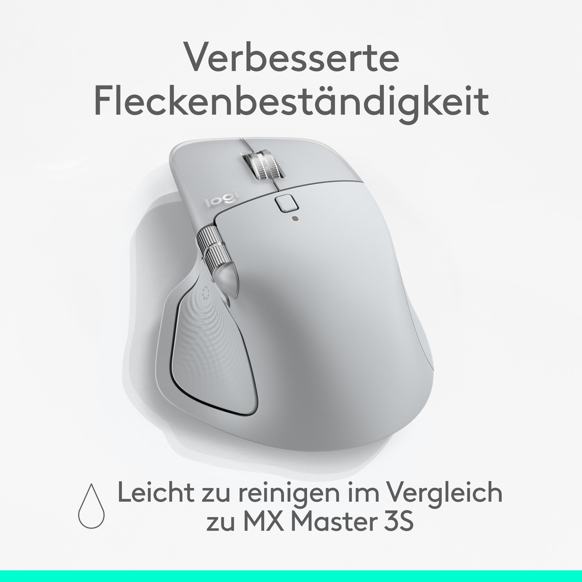 Eine hellgraue Logitech-Maus auf weißem Hintergrund. Text: 'Verbesserte Fleckenbeständigkeit' und 'Leicht zu reinigen im Vergleich zu MX Master 3S'.