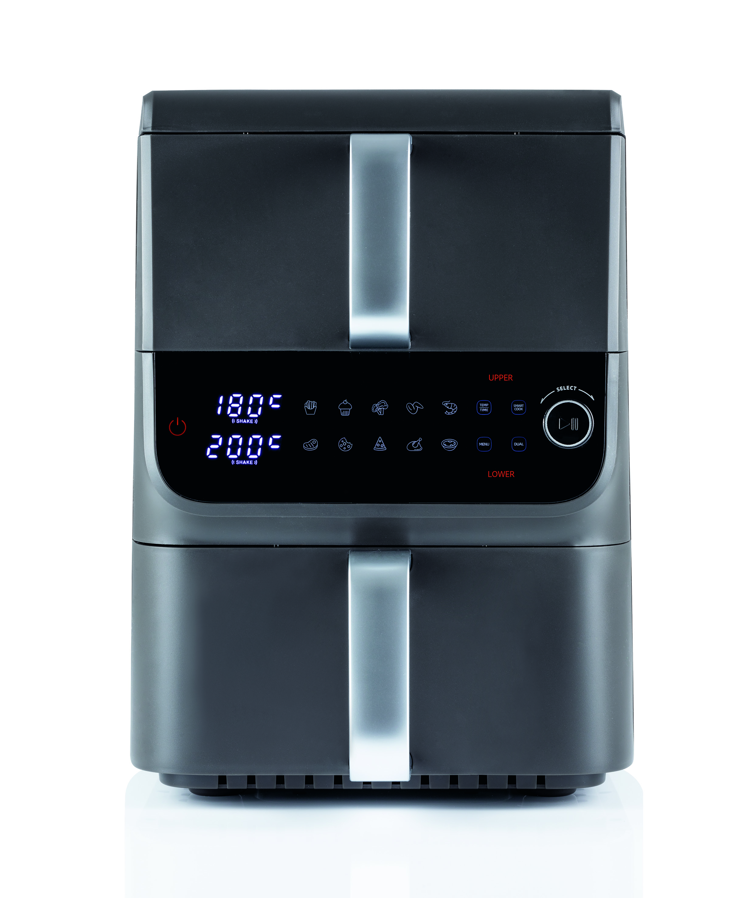 Ein schwarzer Airfryer mit digitaler Anzeige der Temperatur, mit silbernen Griffen auf weißem Hintergrund.