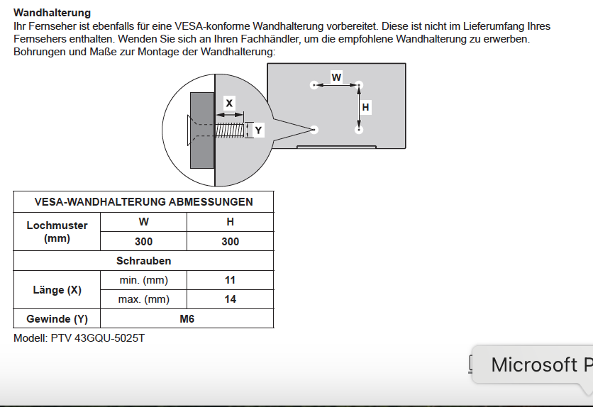 Diagramm der TV-Wandhalterungsmaße. Zeigt Lochmuster, Schraubenlänge und Gewindegröße. Text enthält VESA-Abmessungen und Modellnummer.