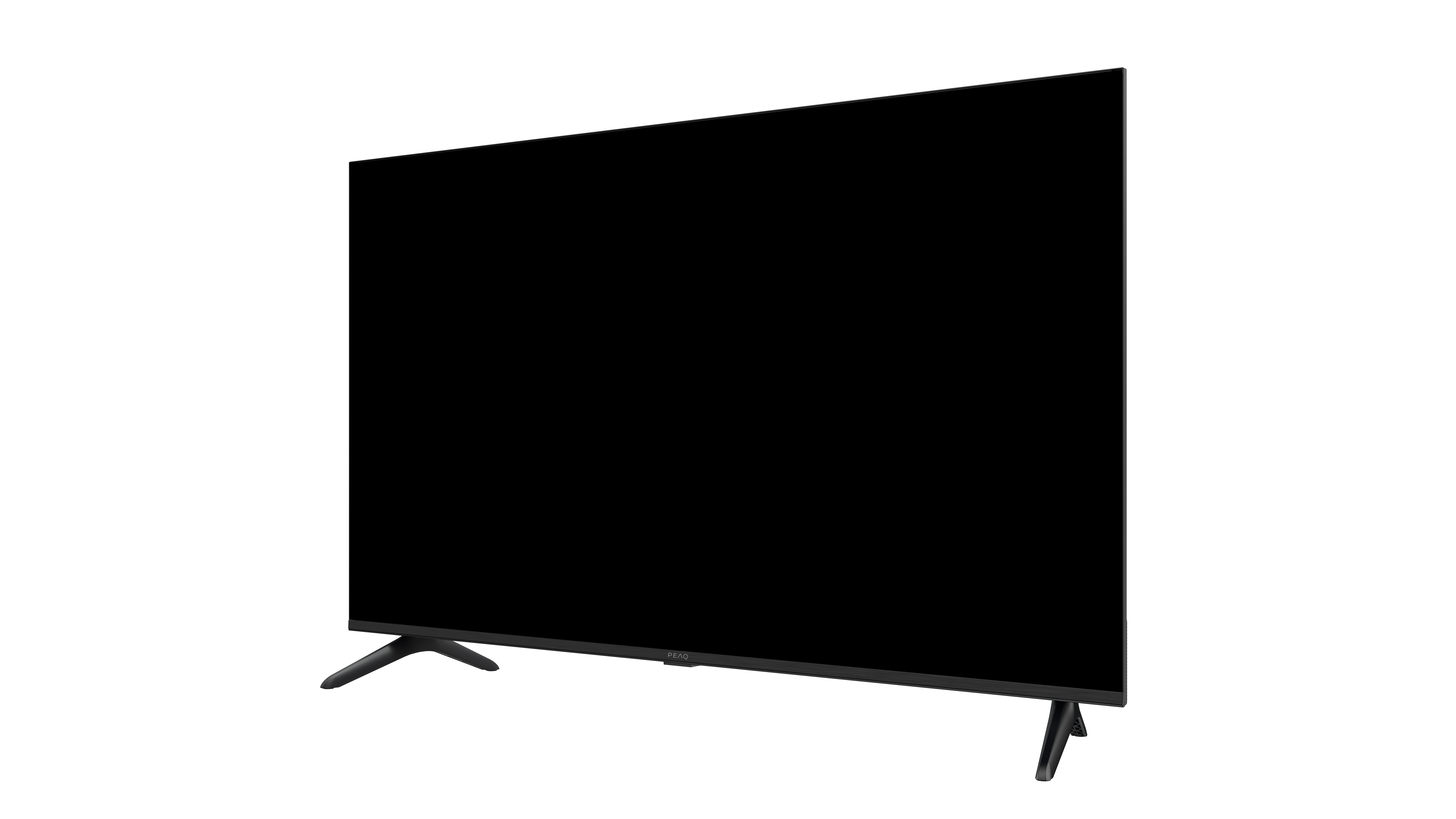 Czarny telewizor z dwiema wąskimi podstawkami, widziany z boku.